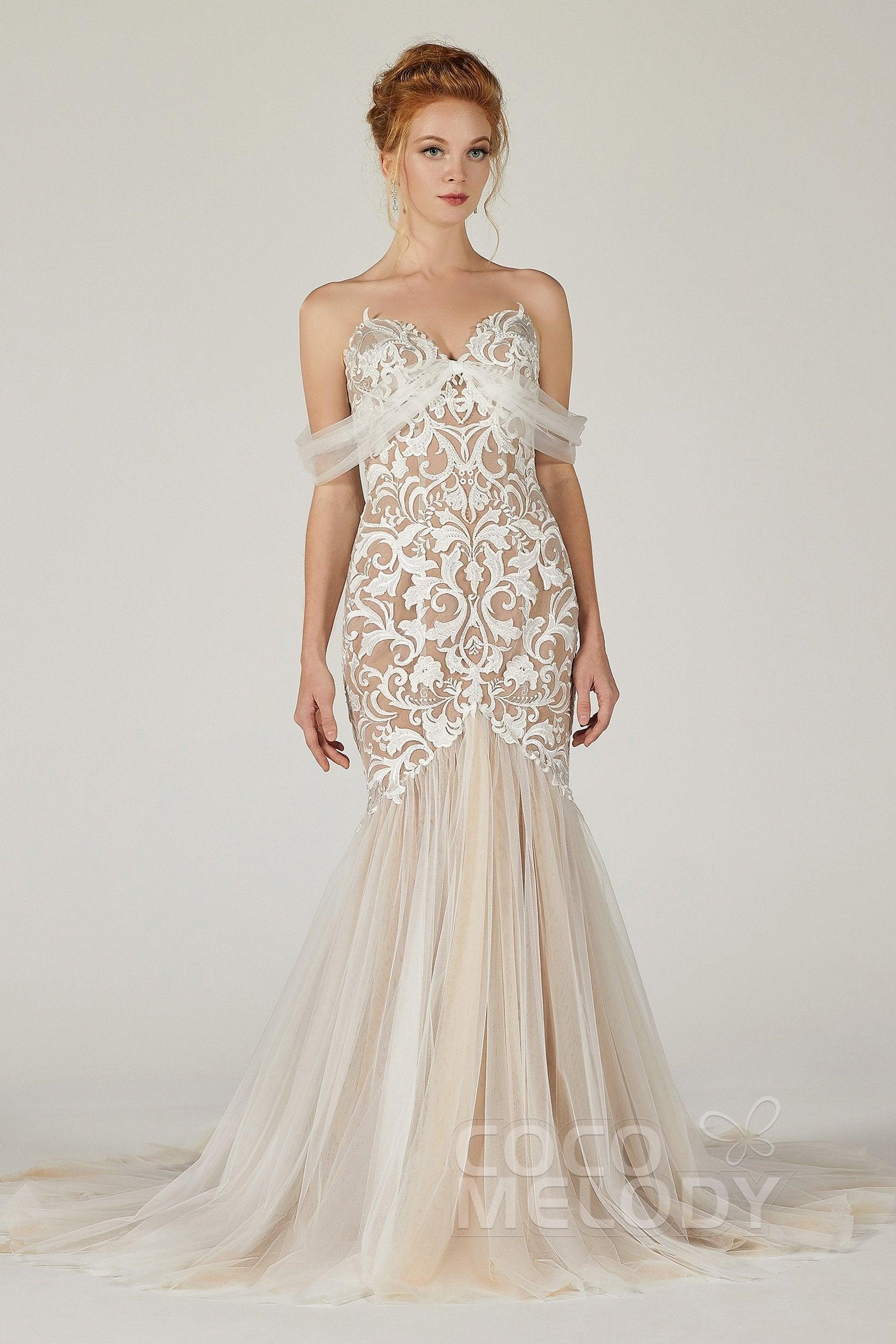Trumpet Court Train Tulle Elastic Satin Wedding Dress CW2126 - COCOMELODY