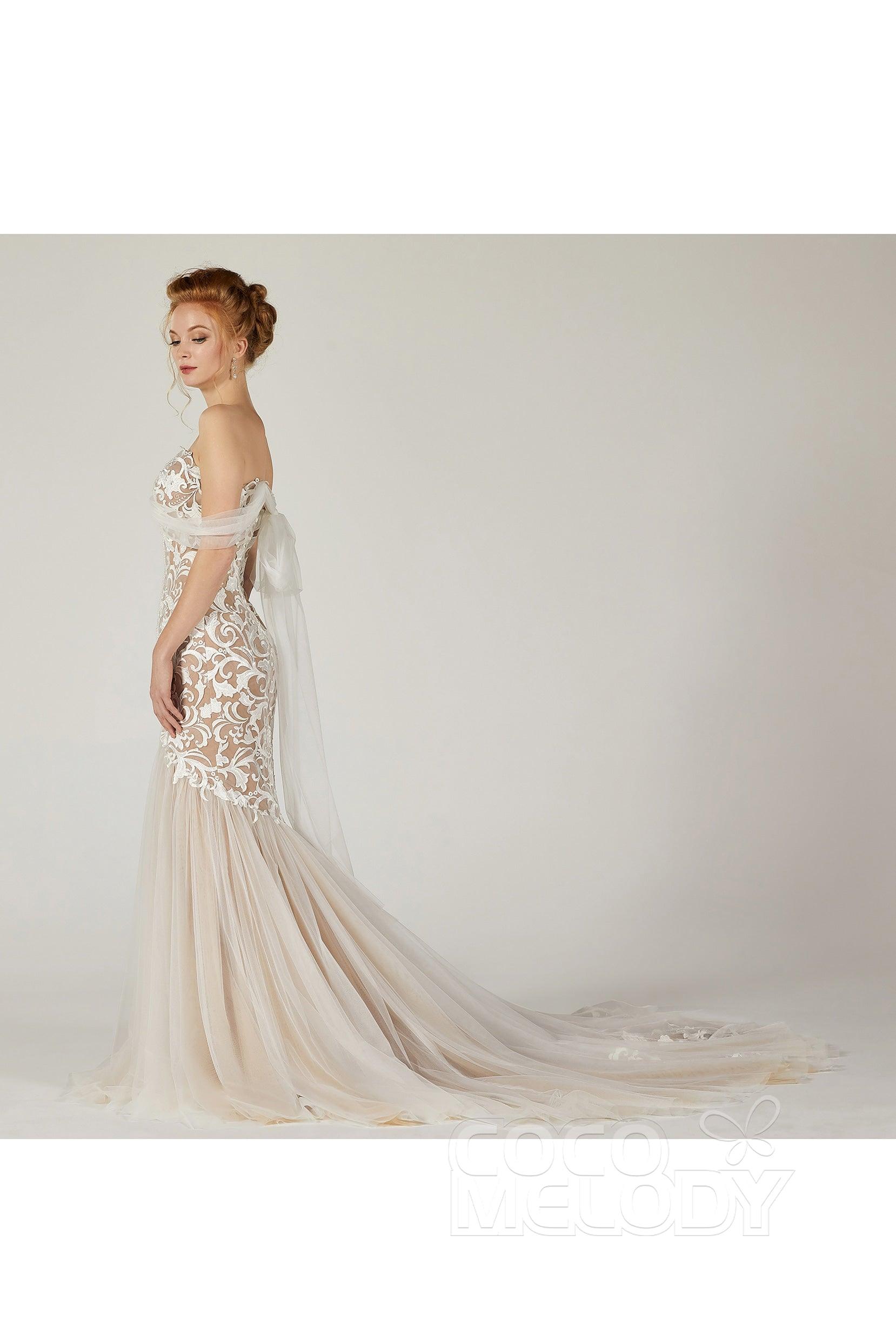 Trumpet Court Train Tulle Elastic Satin Wedding Dress CW2126 - COCOMELODY