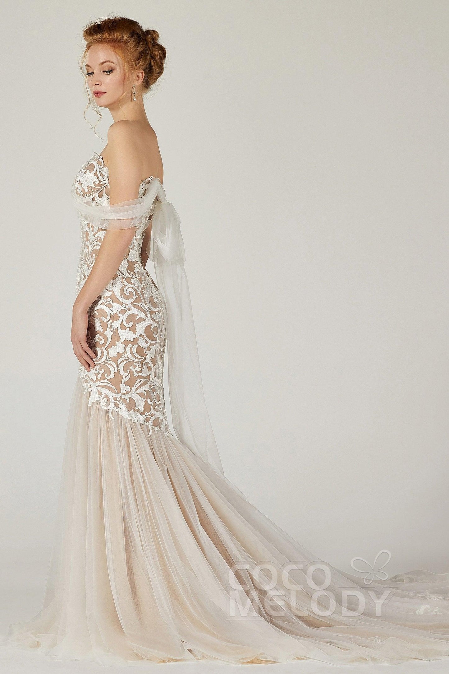 Trumpet Court Train Tulle Elastic Satin Wedding Dress CW2126 - COCOMELODY