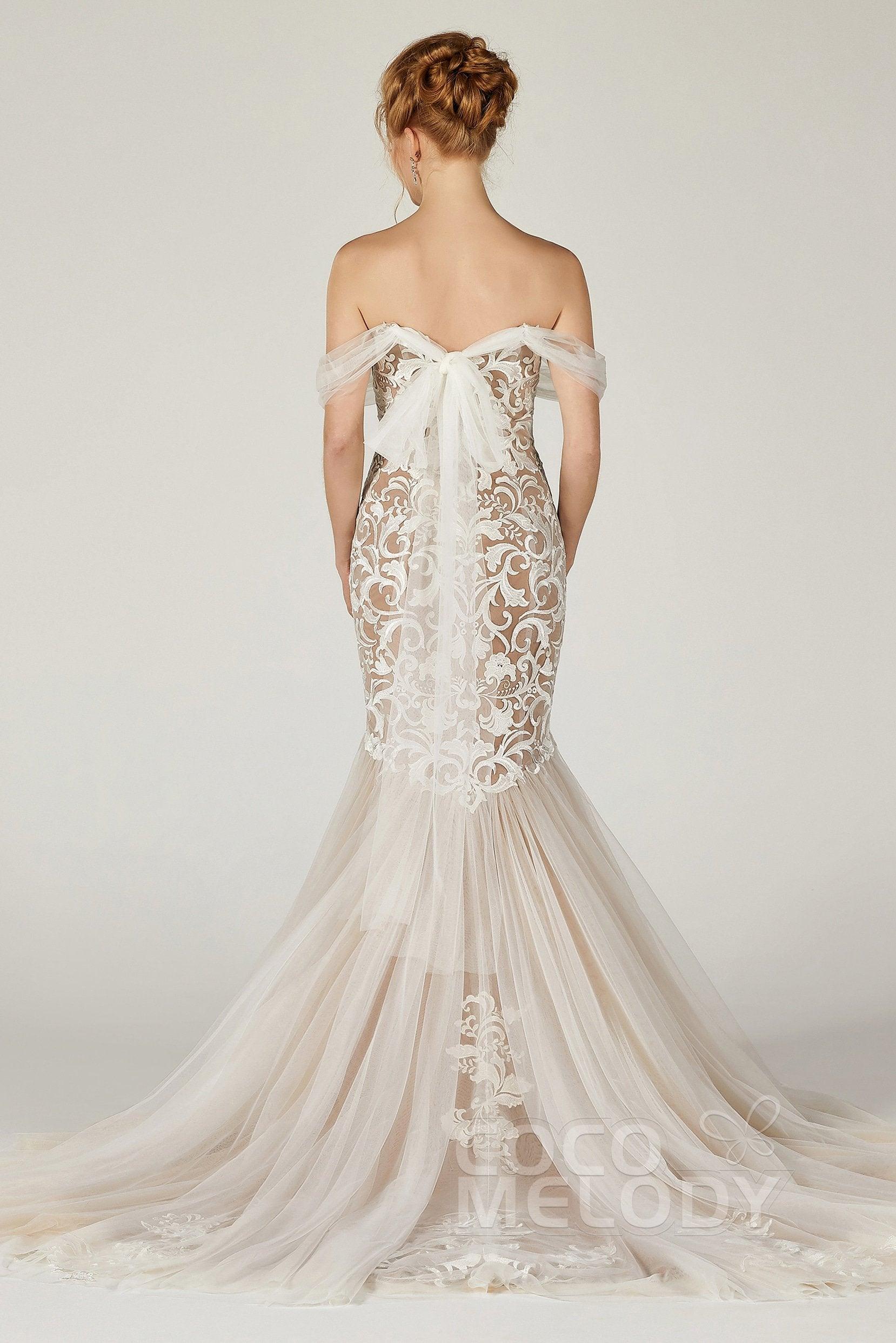 Trumpet Court Train Tulle Elastic Satin Wedding Dress CW2126 - COCOMELODY