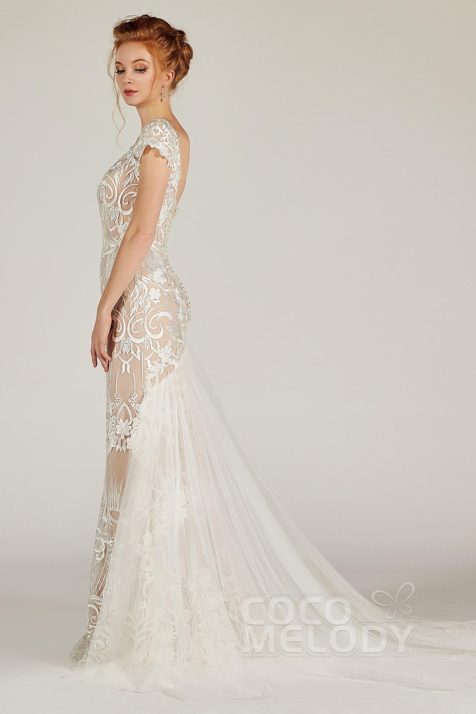 Trumpet Court Train Lace Knitted Fabric Wedding Dress CW2129CR - COCOMELODY