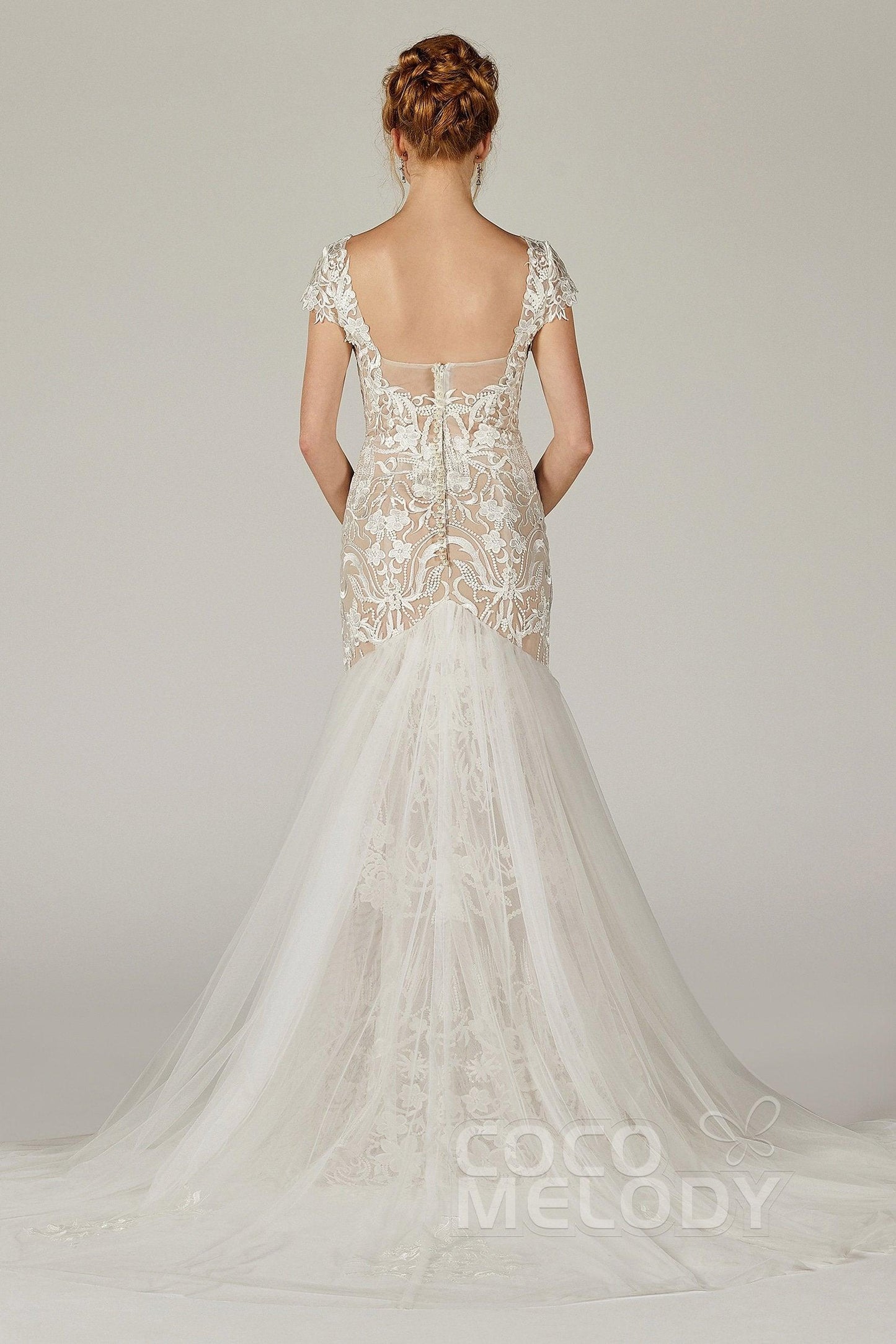 Trumpet Court Train Lace Knitted Fabric Wedding Dress CW2129CR - COCOMELODY