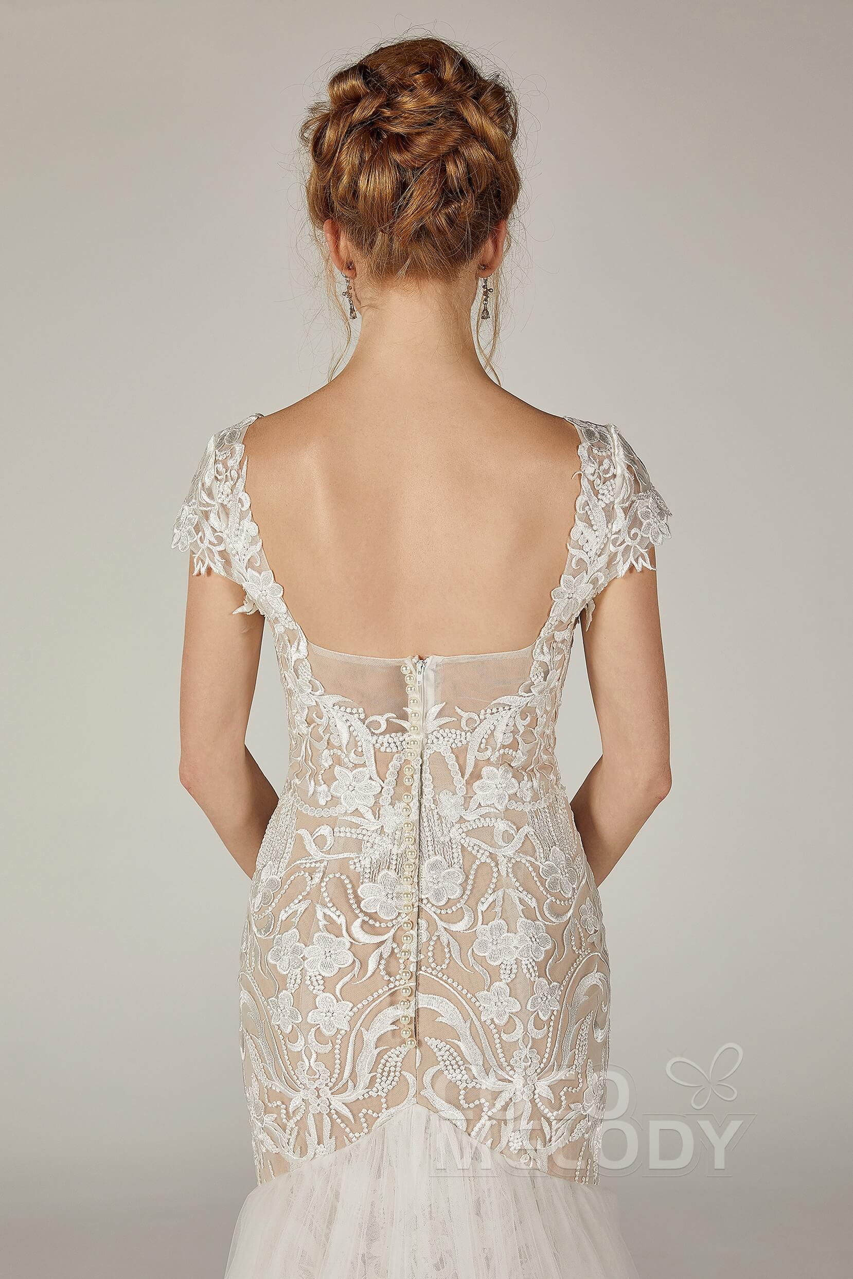 Trumpet Court Train Lace Knitted Fabric Wedding Dress CW2129CR - COCOMELODY