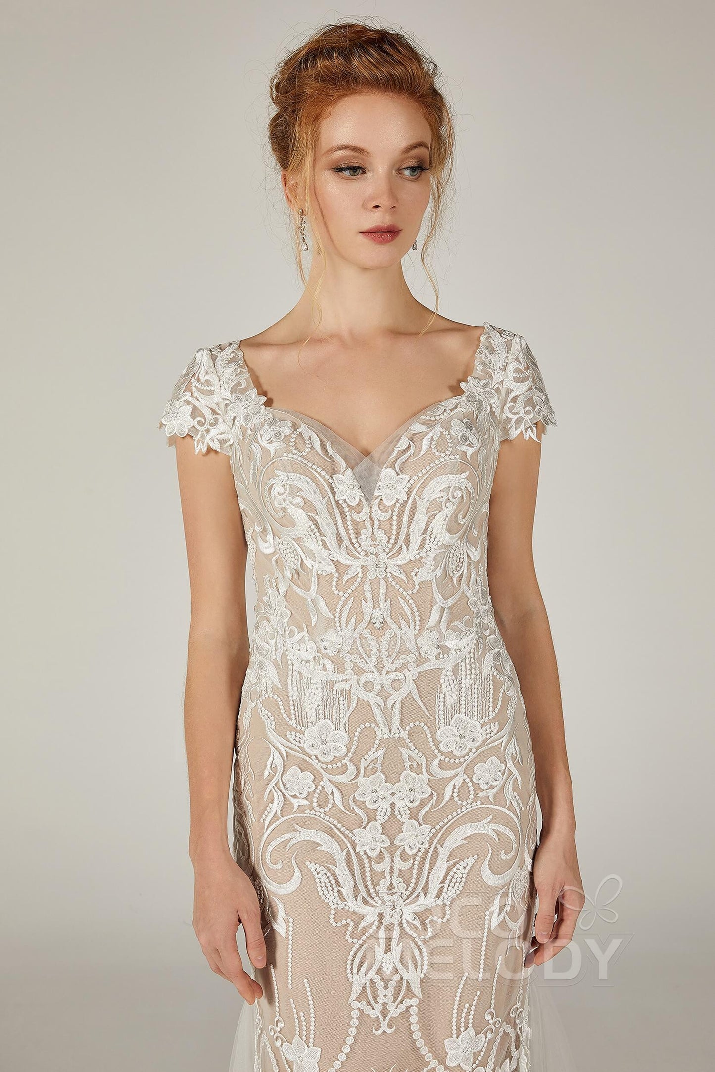 Trumpet Court Train Lace Knitted Fabric Wedding Dress CW2129CR - COCOMELODY