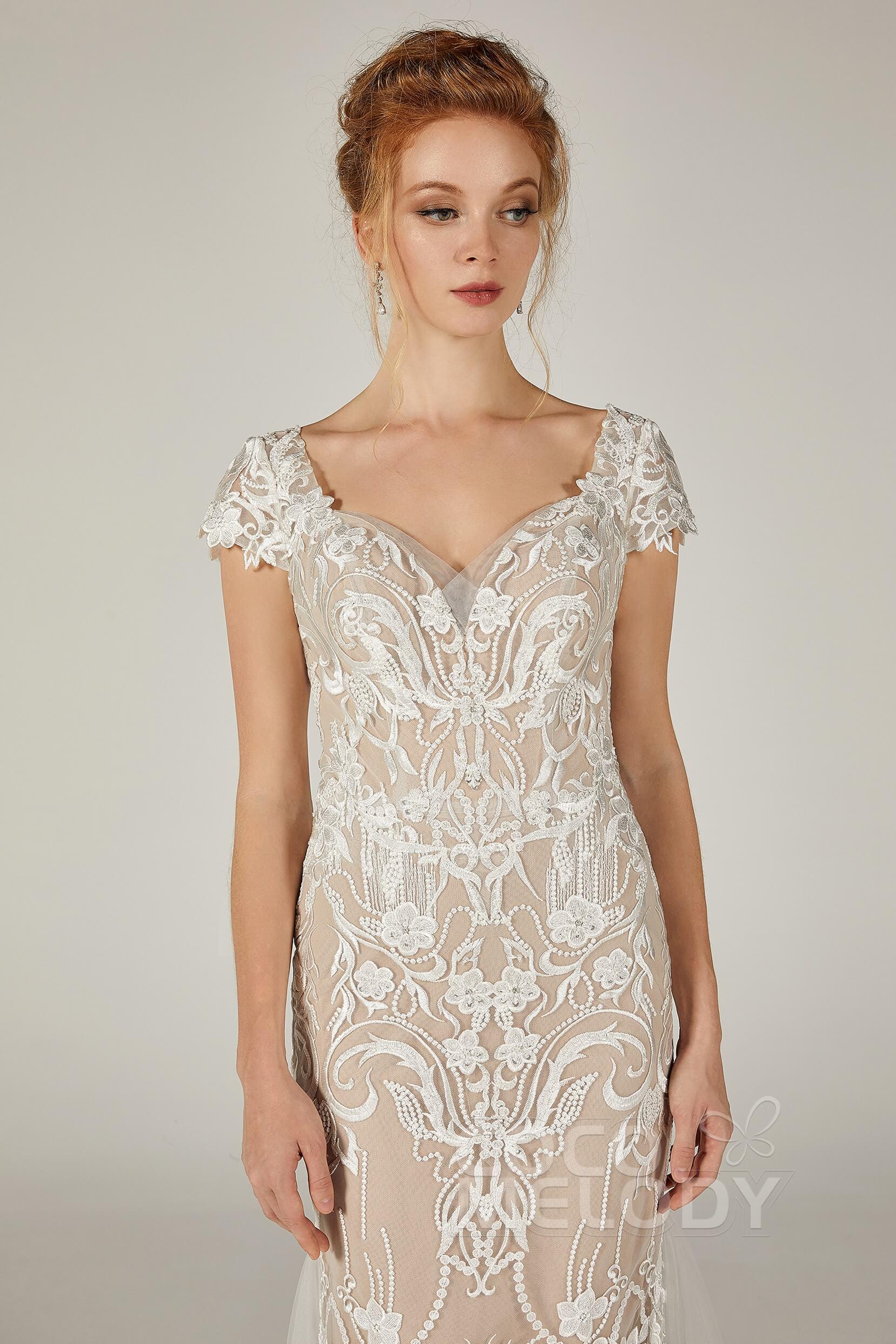 Trumpet Court Train Lace Knitted Fabric Wedding Dress CW2129CR - COCOMELODY