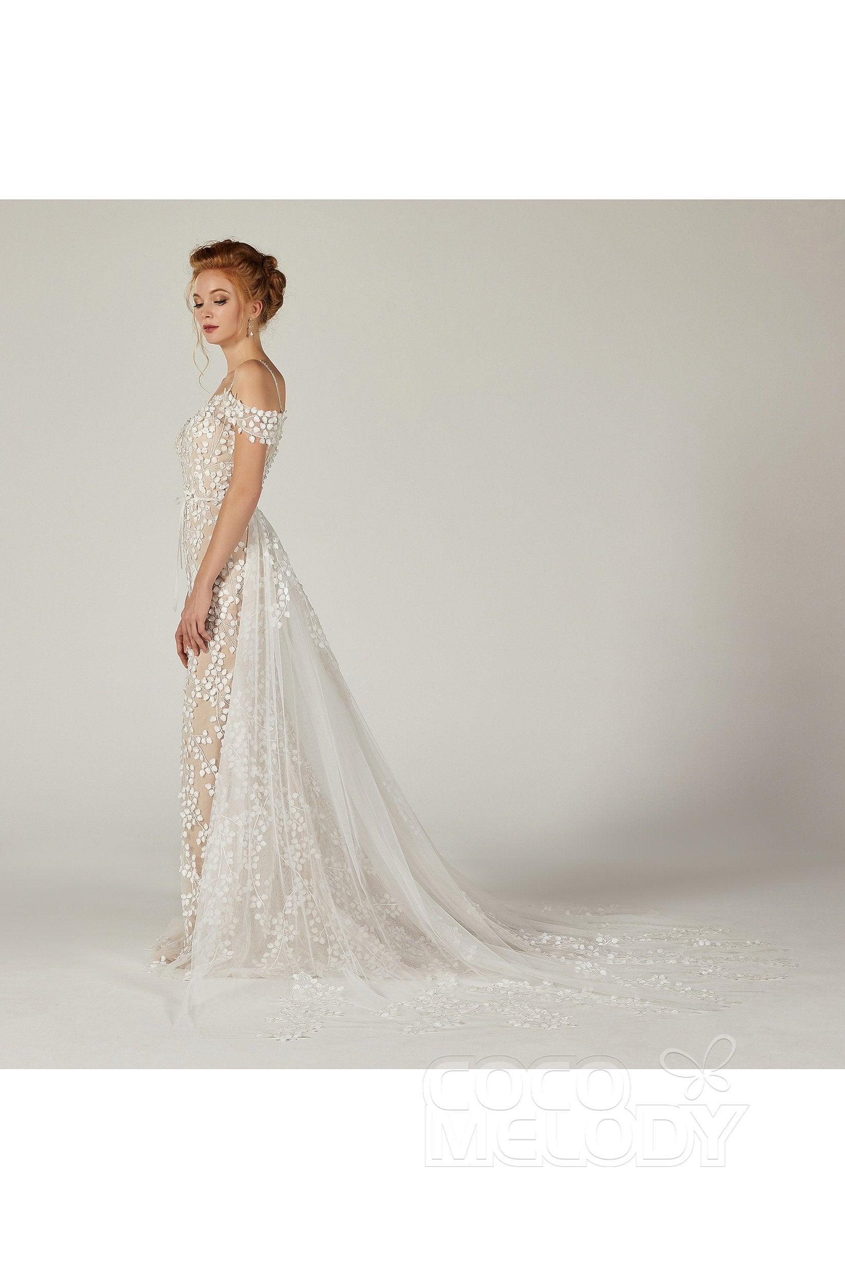 Sheath Court Train Tulle Knitted Fabric Wedding Dress CW2130 - COCOMELODY