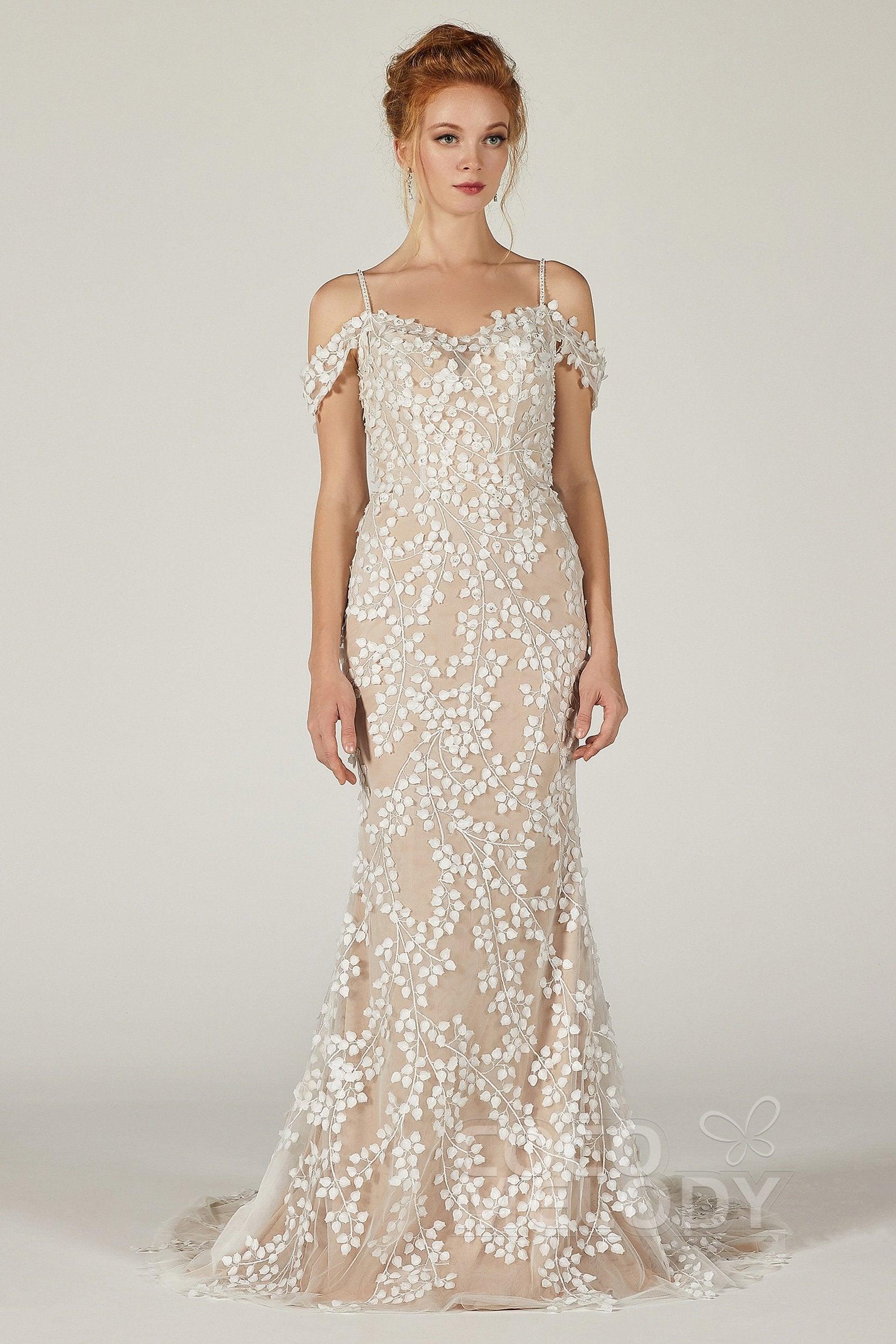 Sheath Court Train Tulle Knitted Fabric Wedding Dress CW2130 - COCOMELODY