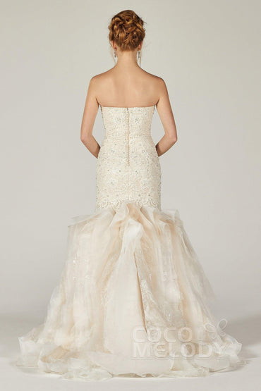 Trumpet-Mermaid Court Train Tulle Satin Wedding Dress CW2133 - COCOMELODY