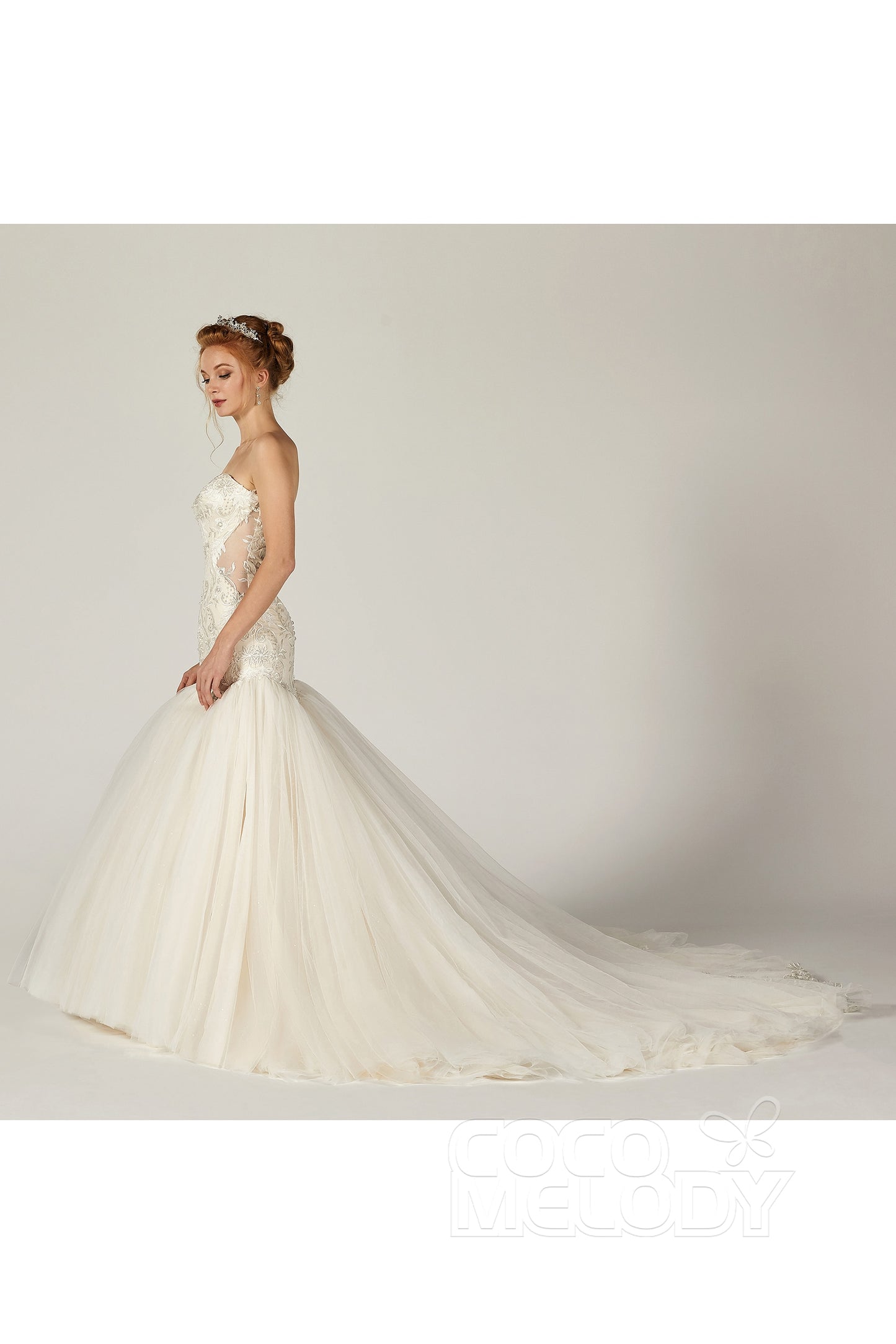 Trumpet Chapel Train Tulle Satin Wedding Dress CW2136