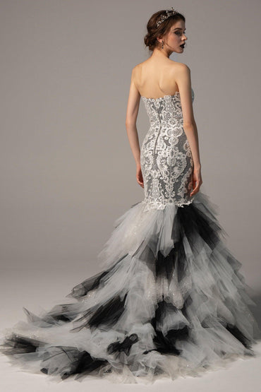Trumpet-Mermaid Court Train Lace Tulle Wedding Dress CW2137 - COCOMELODY