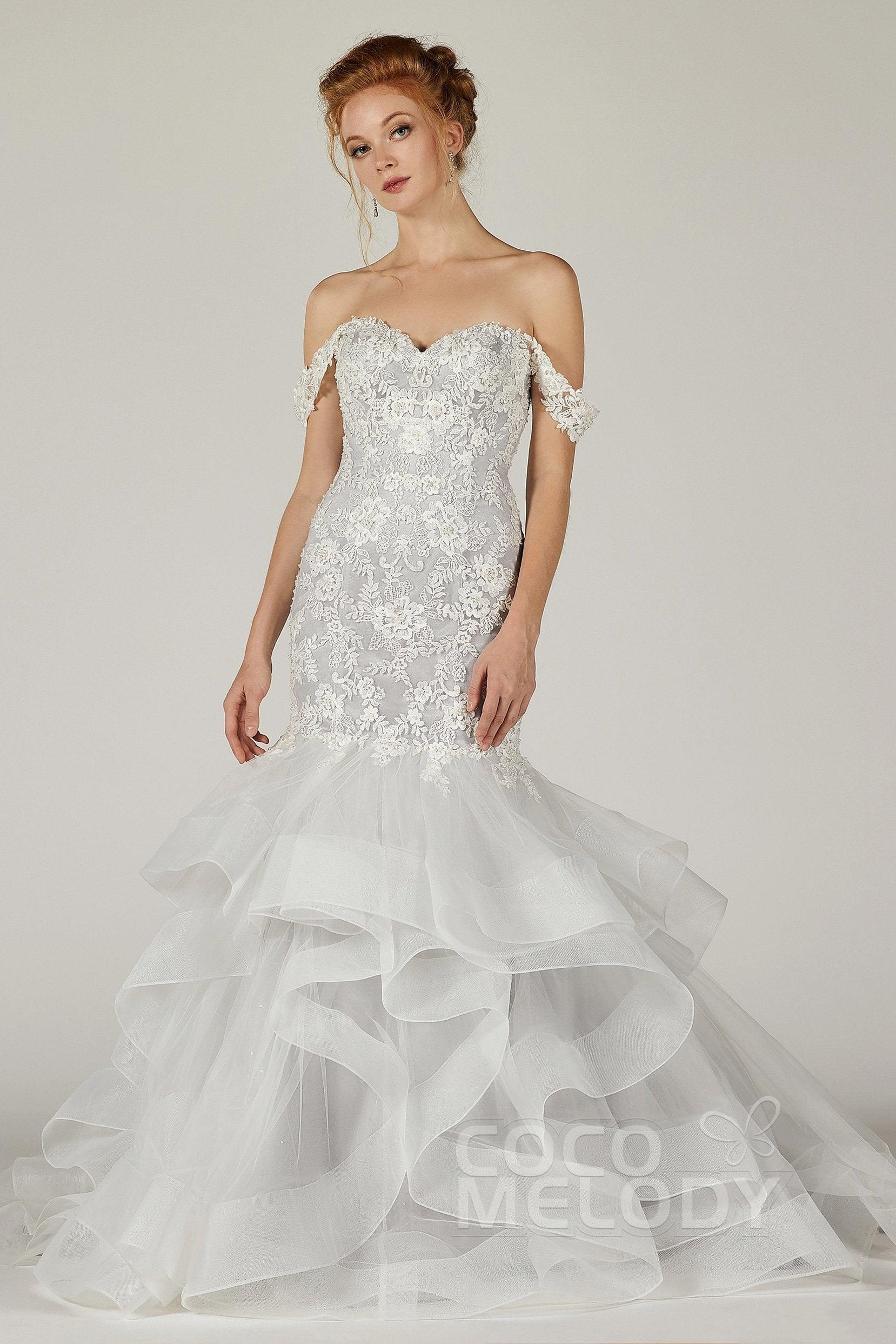 Trumpet Court Train Tulle Elastic Satin Wedding Dress CW2138 - COCOMELODY