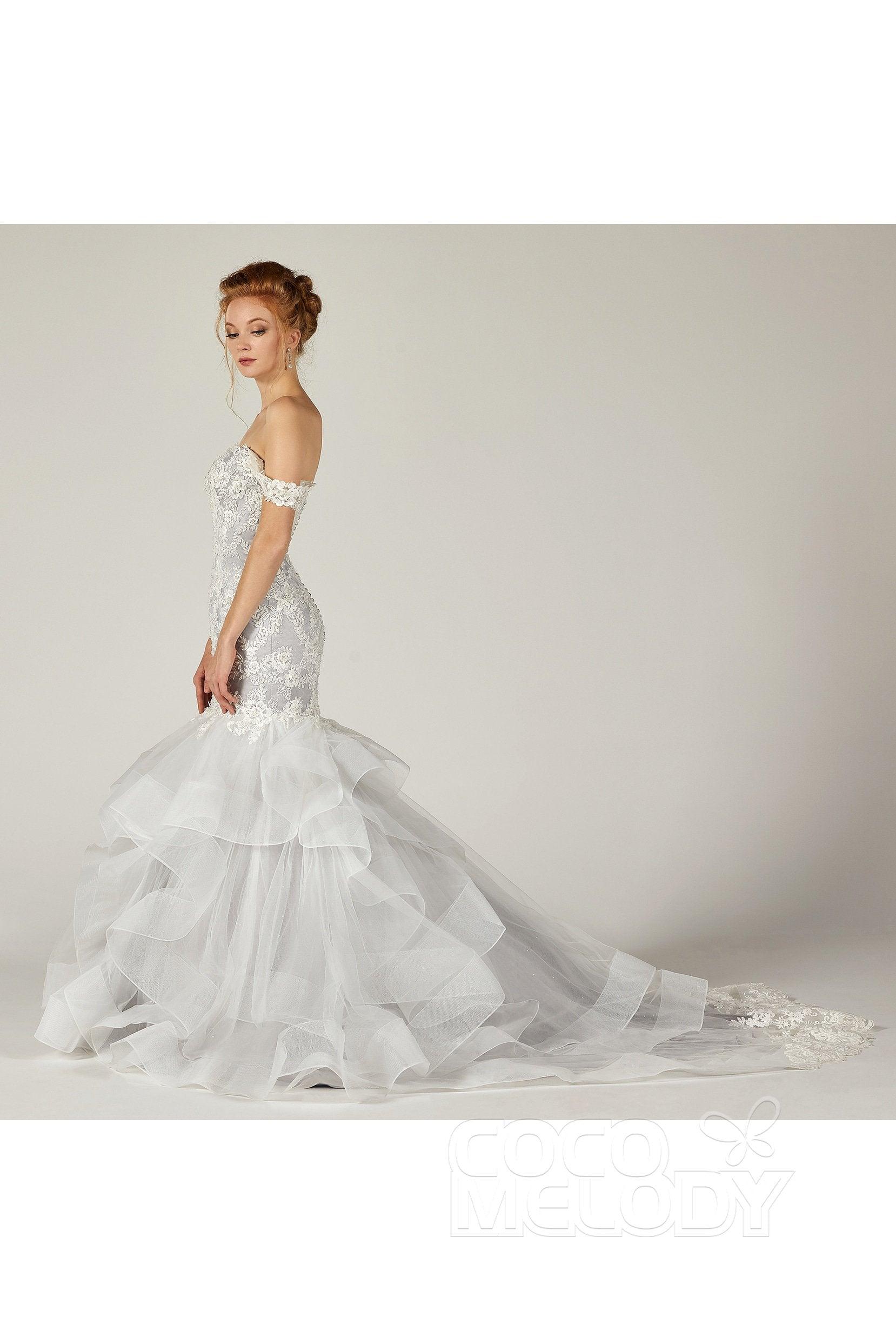 Trumpet Court Train Tulle Elastic Satin Wedding Dress CW2138 - COCOMELODY