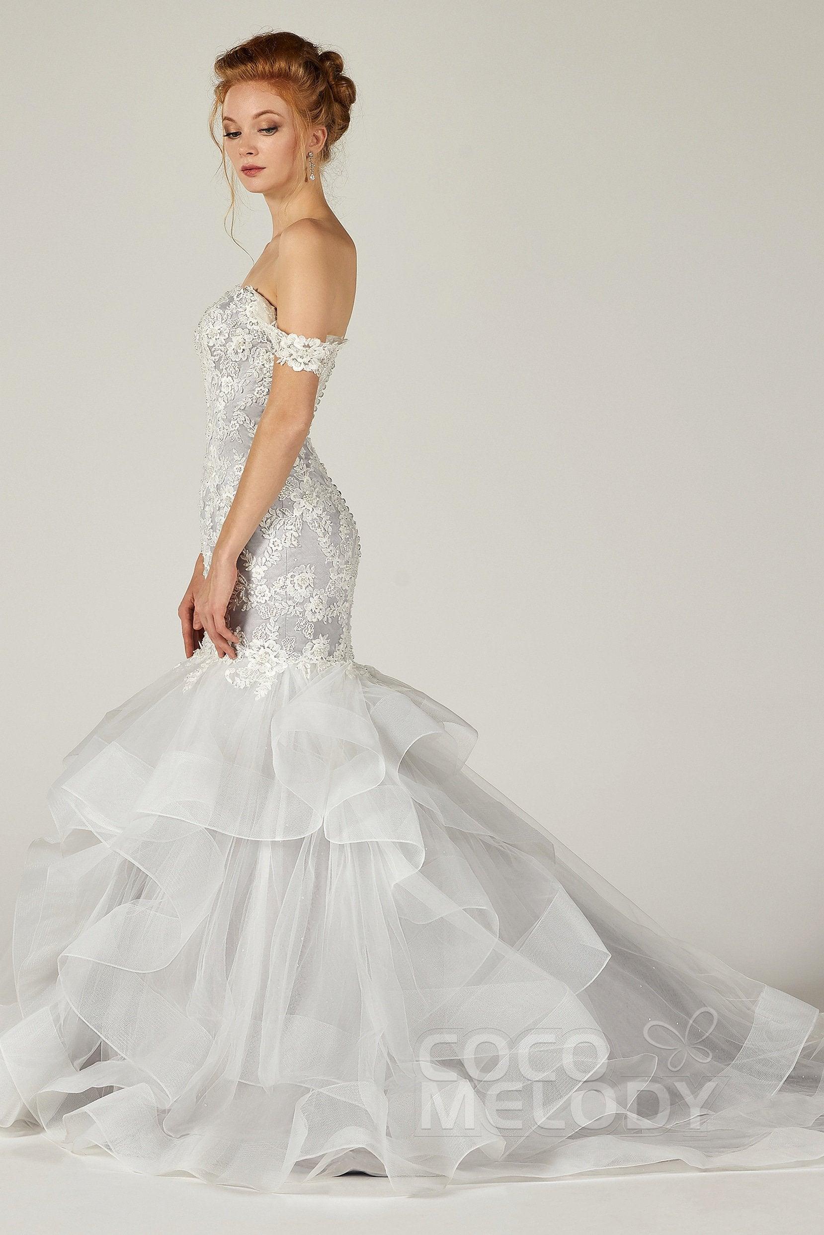 Trumpet Court Train Tulle Elastic Satin Wedding Dress CW2138 - COCOMELODY
