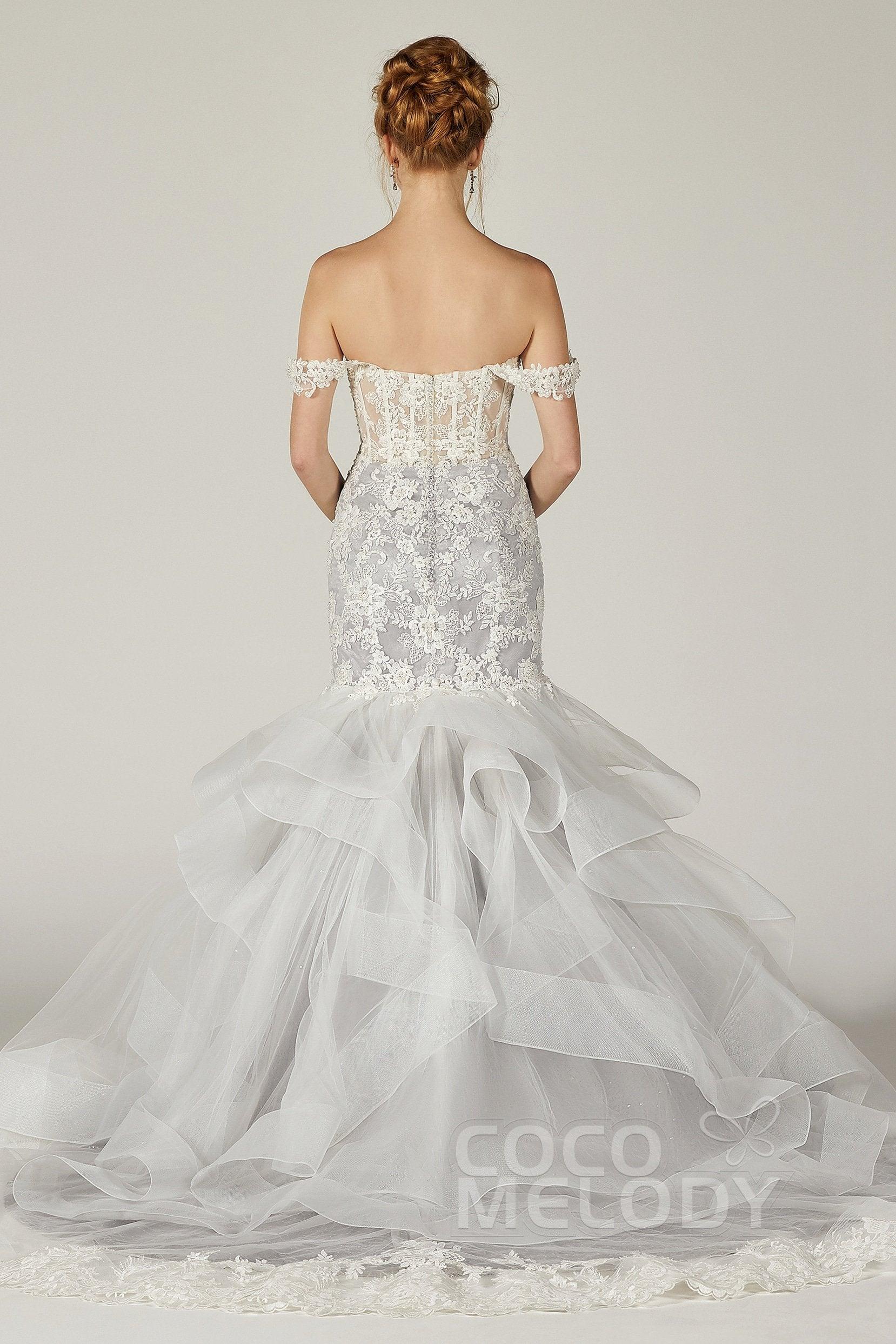 Trumpet Court Train Tulle Elastic Satin Wedding Dress CW2138 - COCOMELODY