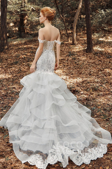 Trumpet Court Train Tulle Elastic Satin Wedding Dress CW2138 - COCOMELODY