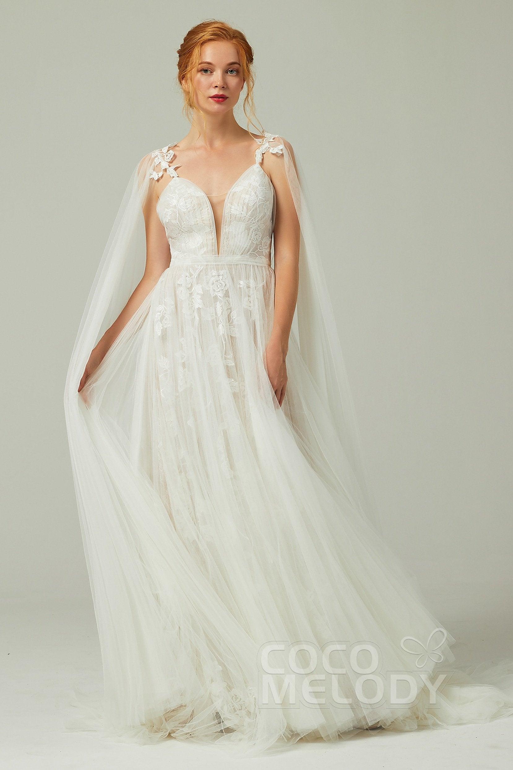 A-Line Sweep-Brush Train Tulle Lace Wedding Dress CW2174 - COCOMELODY