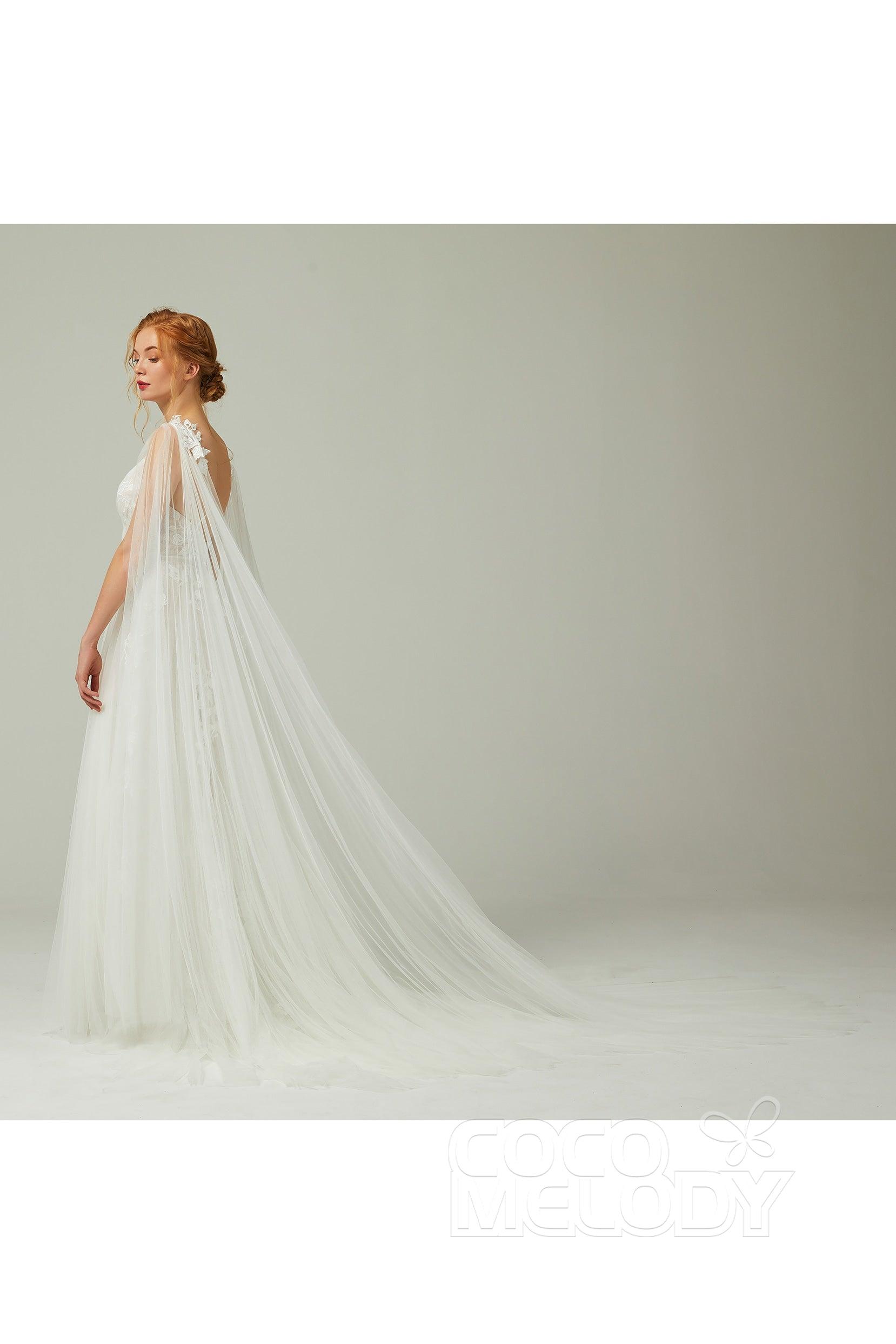 A-Line Sweep-Brush Train Tulle Lace Wedding Dress CW2174 - COCOMELODY