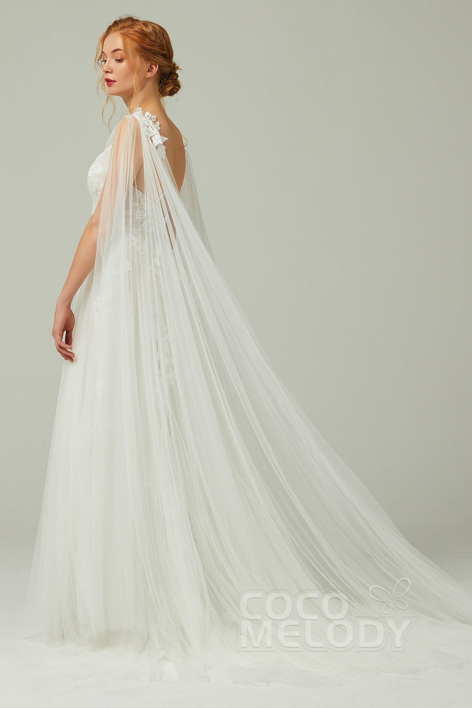 A-Line Sweep-Brush Train Tulle Lace Wedding Dress CW2174 - COCOMELODY