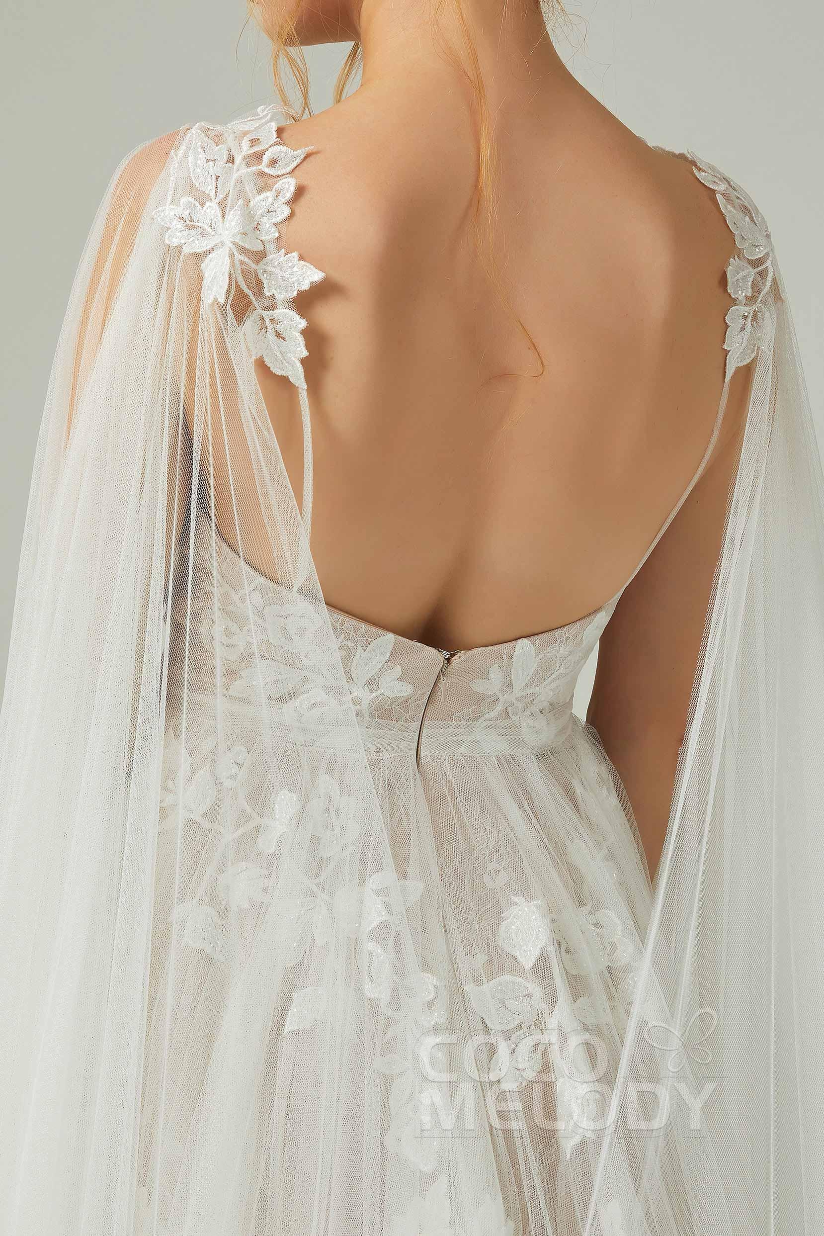 A-Line Sweep-Brush Train Tulle Lace Wedding Dress CW2174 - COCOMELODY