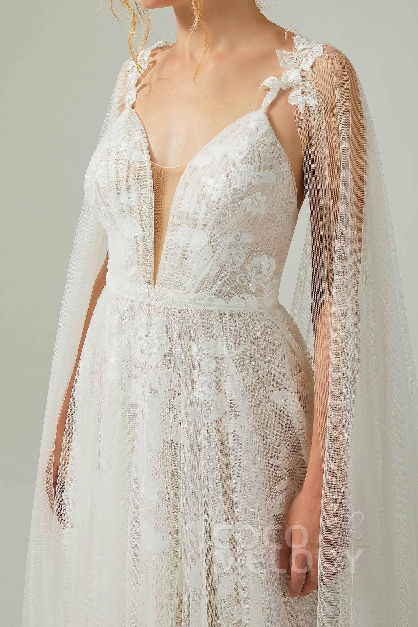 A-Line Sweep-Brush Train Tulle Lace Wedding Dress CW2174 - COCOMELODY