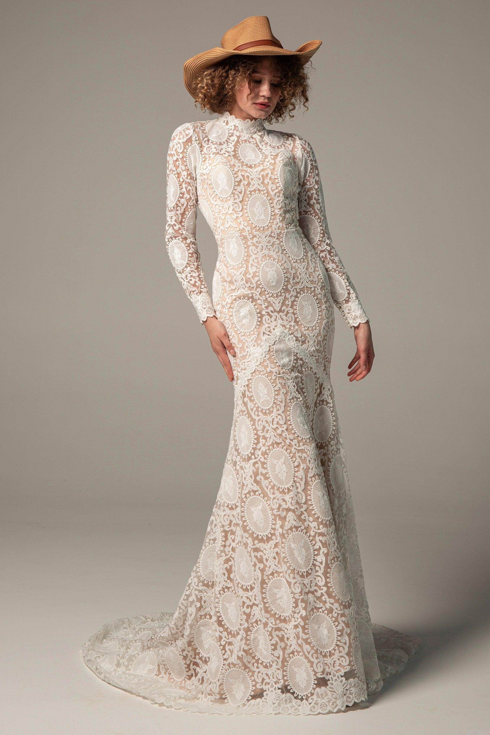 High-Neck Lace Trumpet Gown