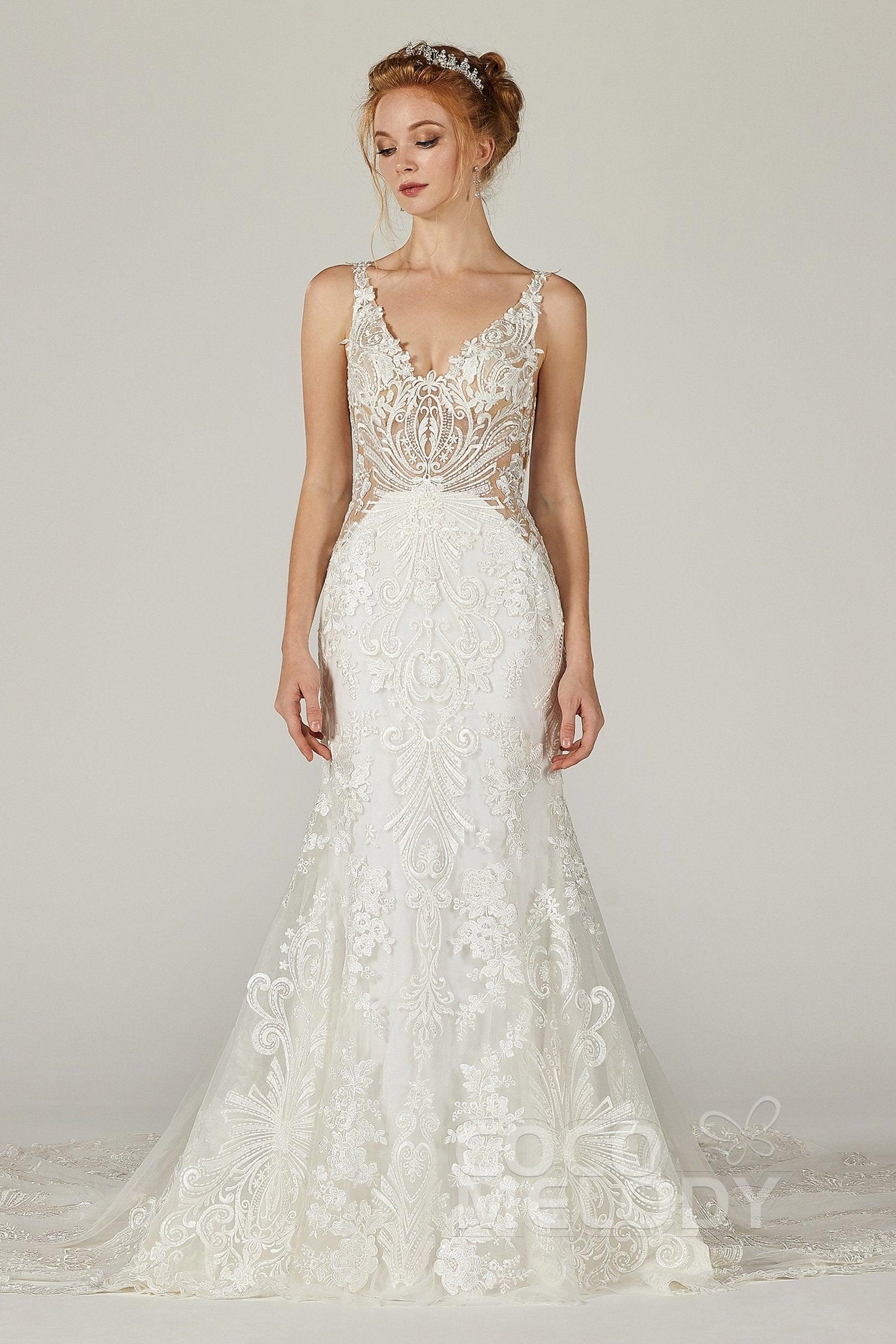 Trumpet-Mermaid Cathedral Train Tulle Wedding Dress CW2303 - COCOMELODY