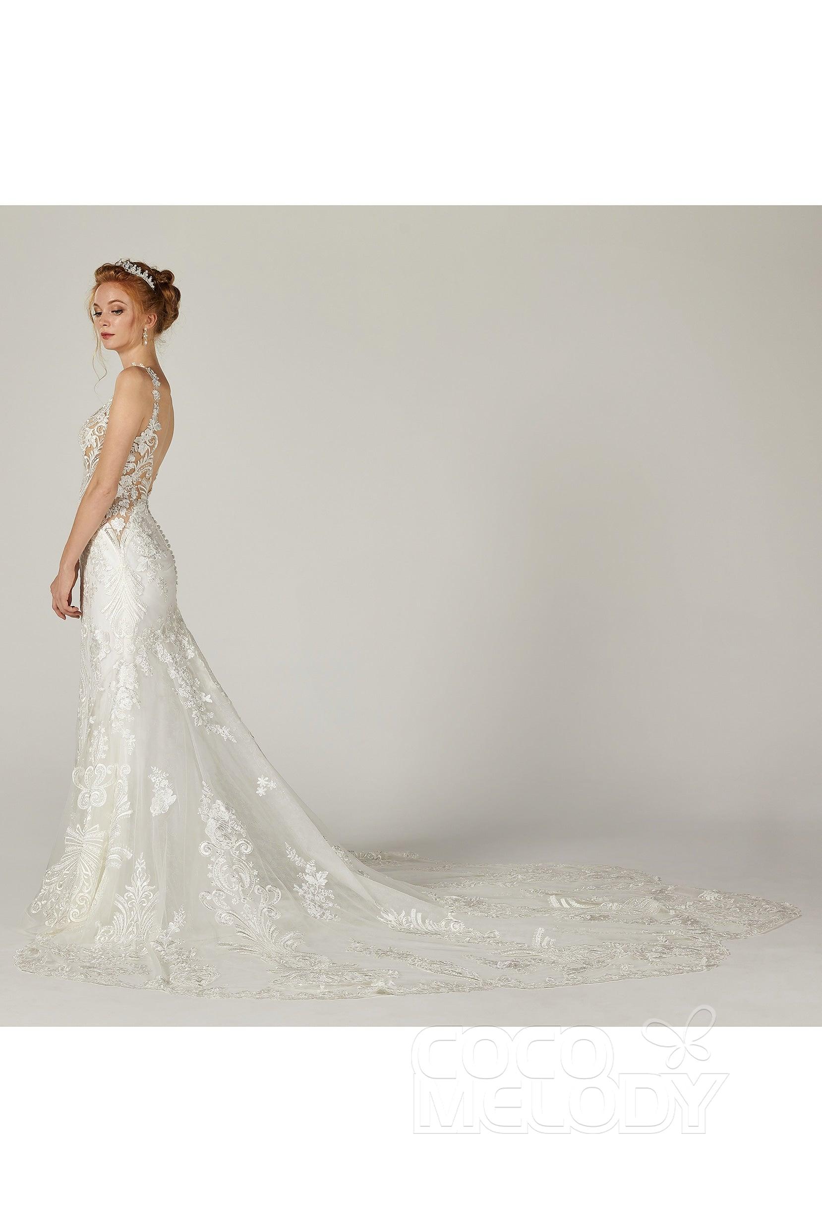 Trumpet-Mermaid Cathedral Train Tulle Wedding Dress CW2303 - COCOMELODY