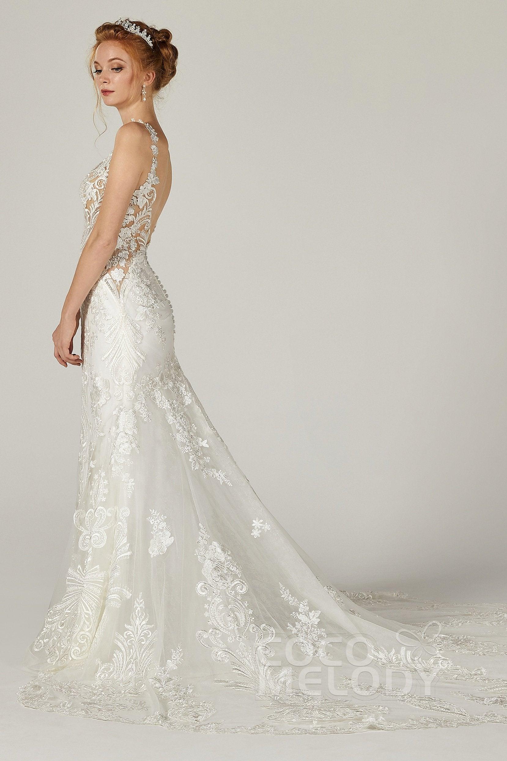 Trumpet-Mermaid Cathedral Train Tulle Wedding Dress CW2303 - COCOMELODY