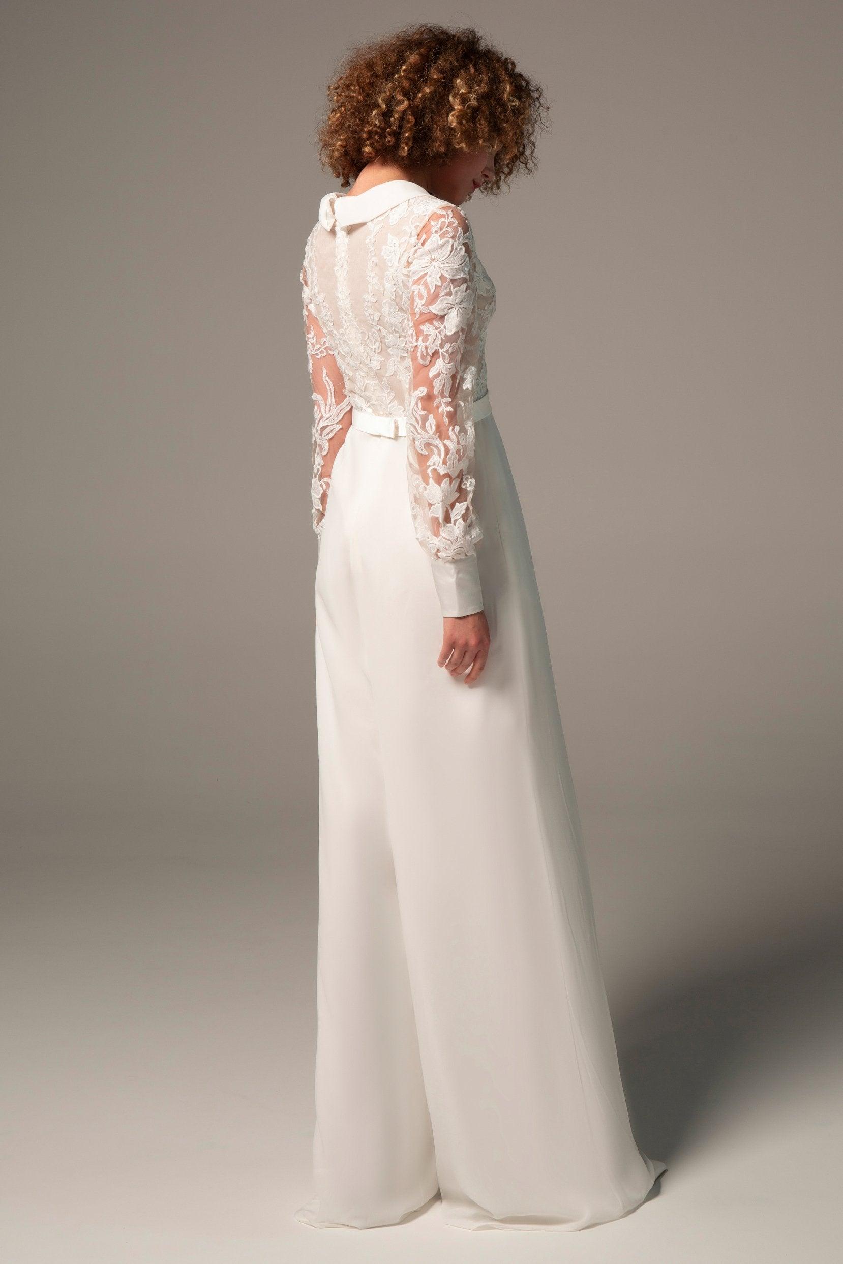 Floor Length Chiffon Tulle Wedding Jumpsuit CW2351 - COCOMELODY