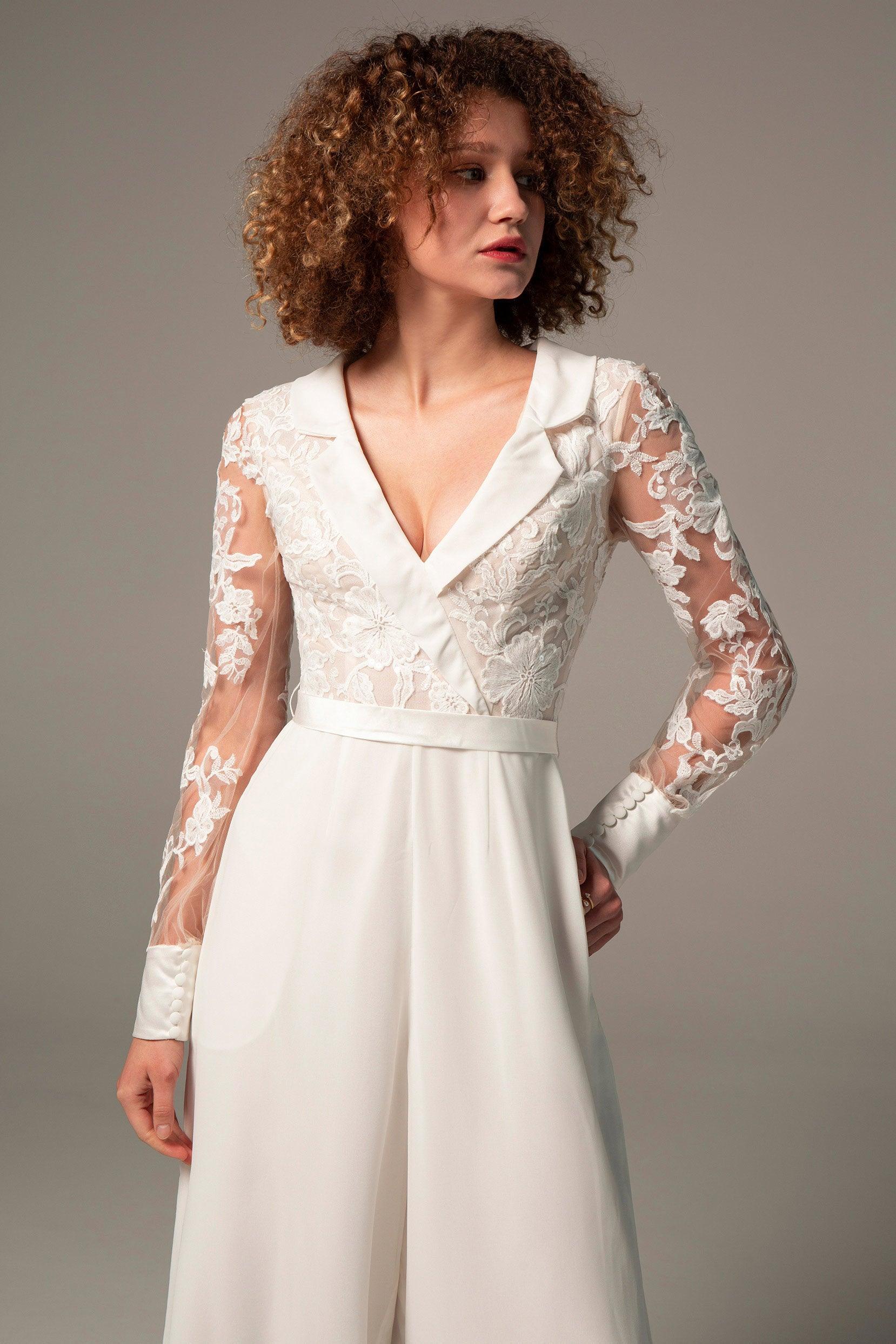 Floor Length Chiffon Tulle Wedding Jumpsuit CW2351 - COCOMELODY
