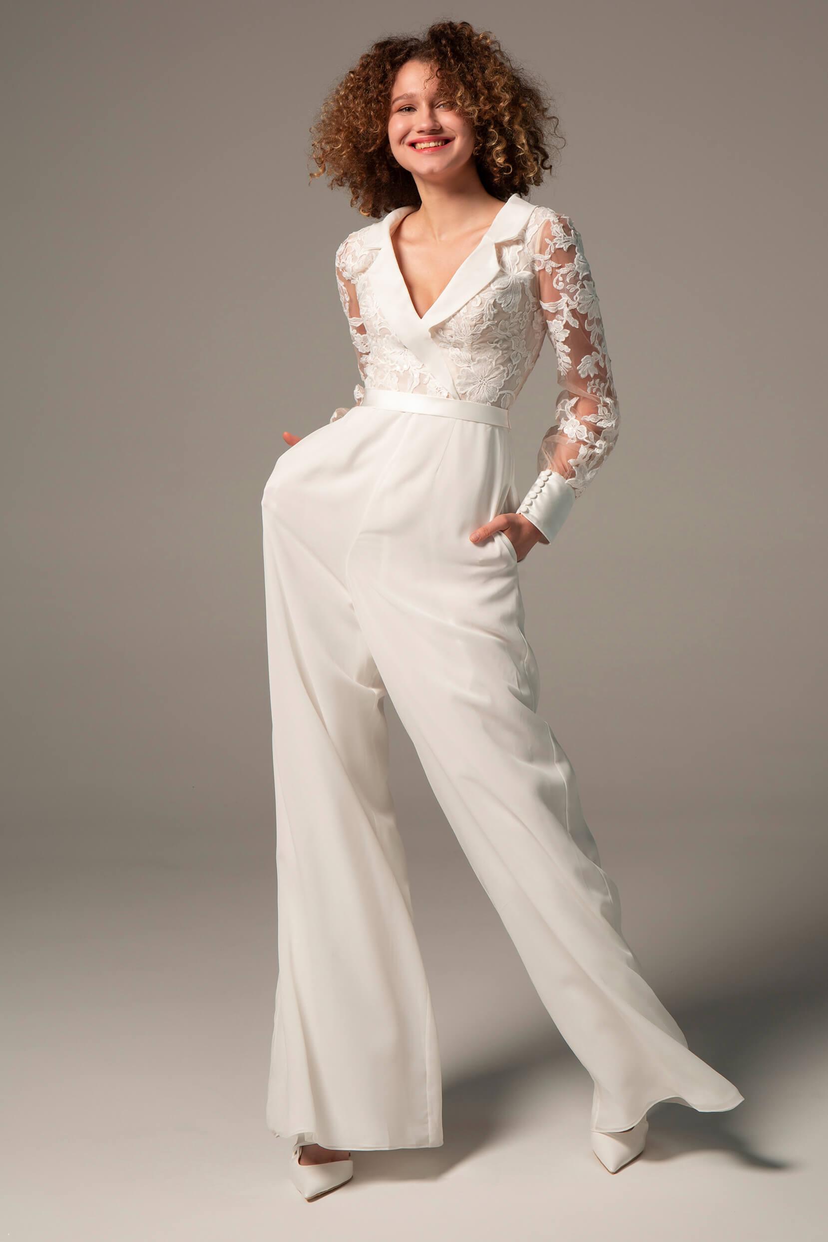 Floor Length Chiffon Tulle Wedding Jumpsuit CW2351 - COCOMELODY