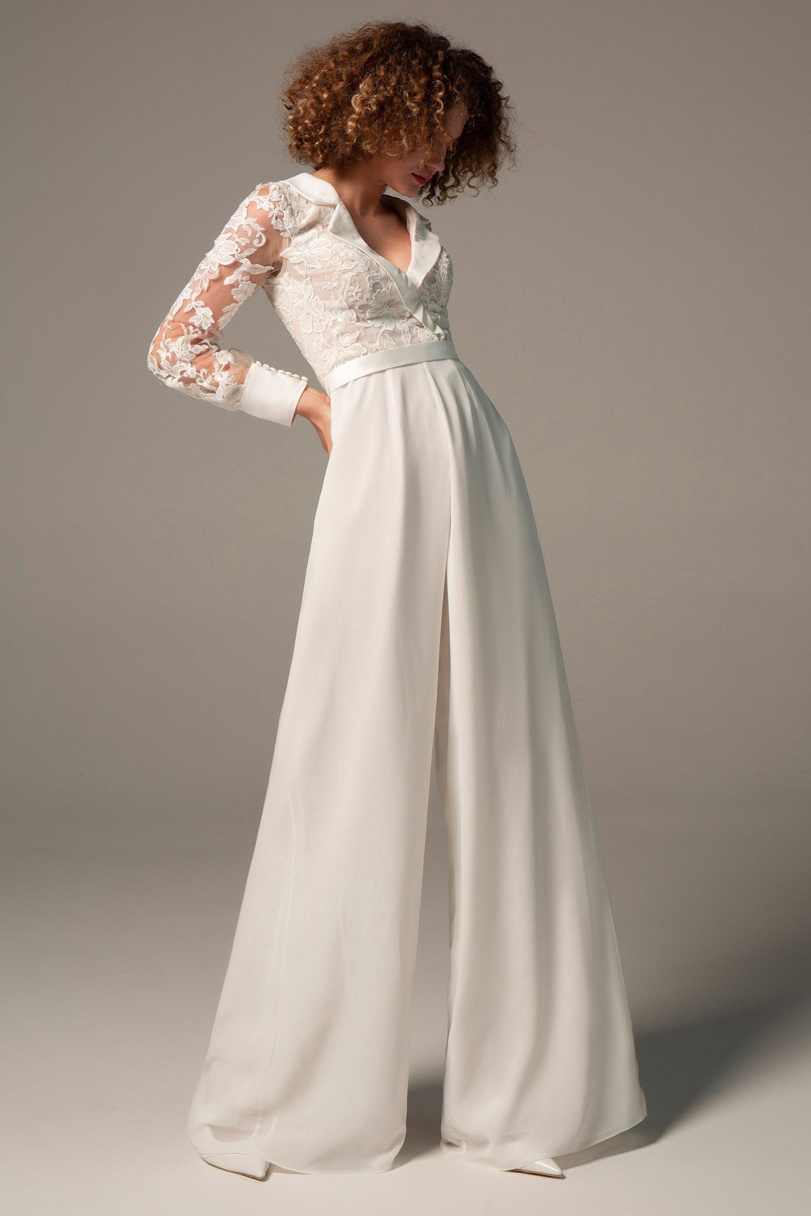 Floor Length Chiffon Tulle Wedding Jumpsuit CW2351 - COCOMELODY