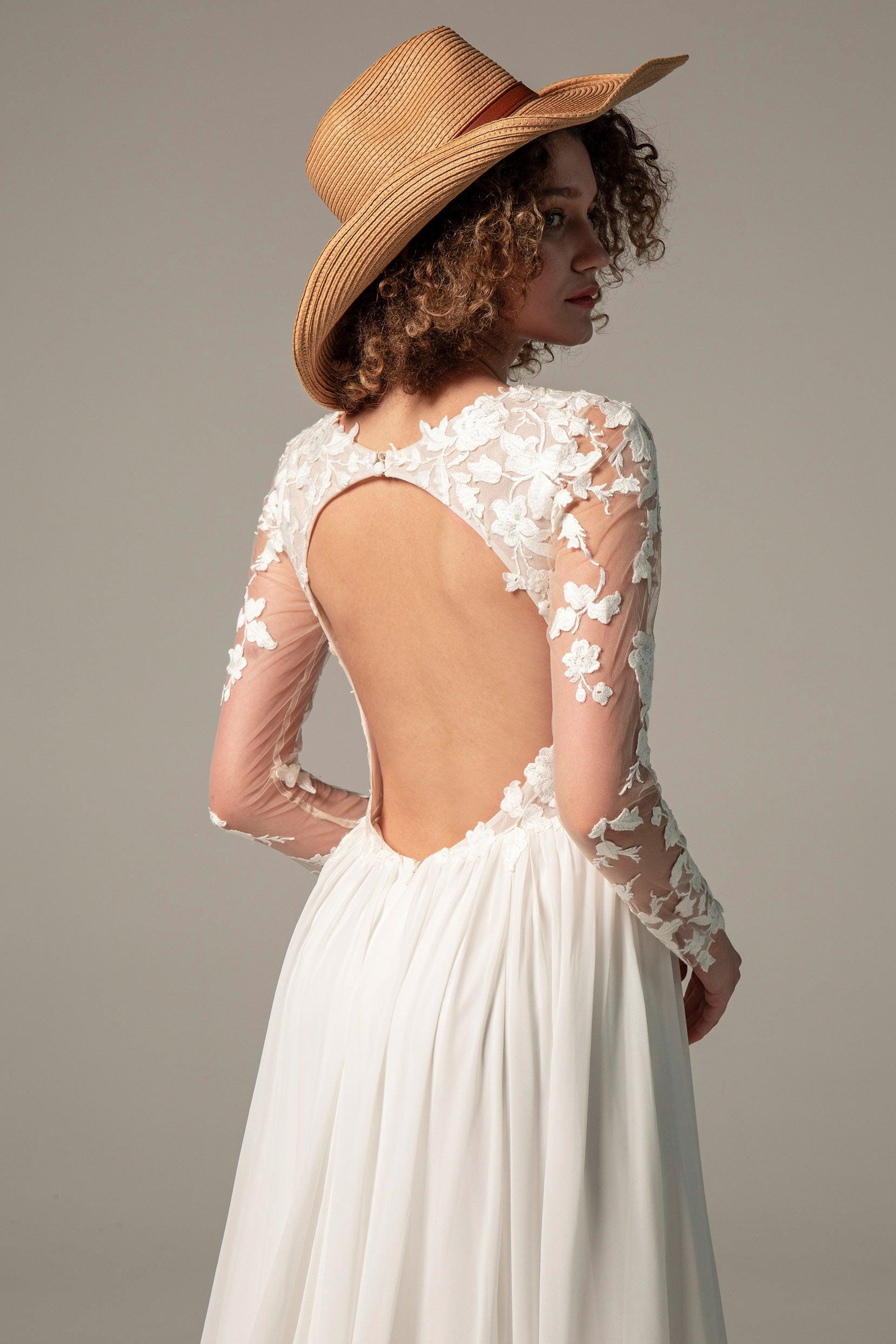 A-Line Court Train Chiffon Lace Wedding Dress CW2352 - COCOMELODY