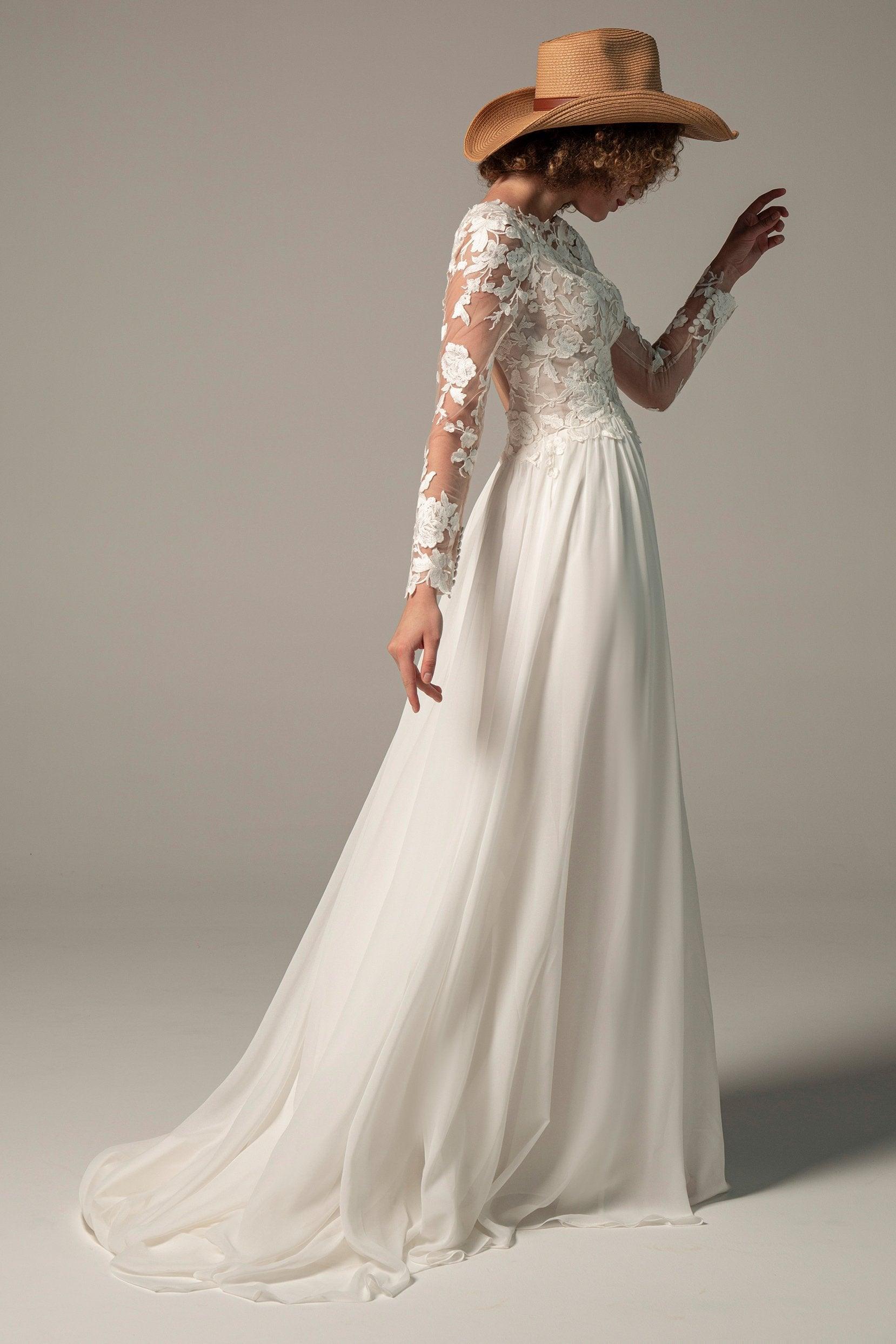 A-Line Court Train Chiffon Lace Wedding Dress CW2352 - COCOMELODY