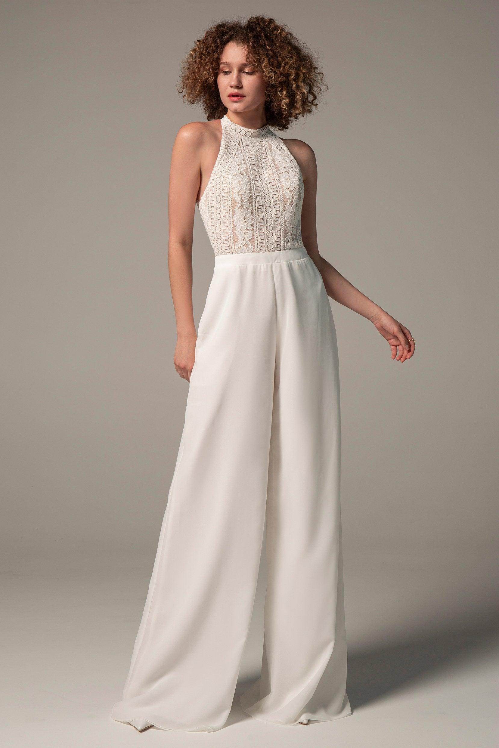 Floor Length Chiffon Lace Wedding Jumpsuit CW2354CR - COCOMELODY