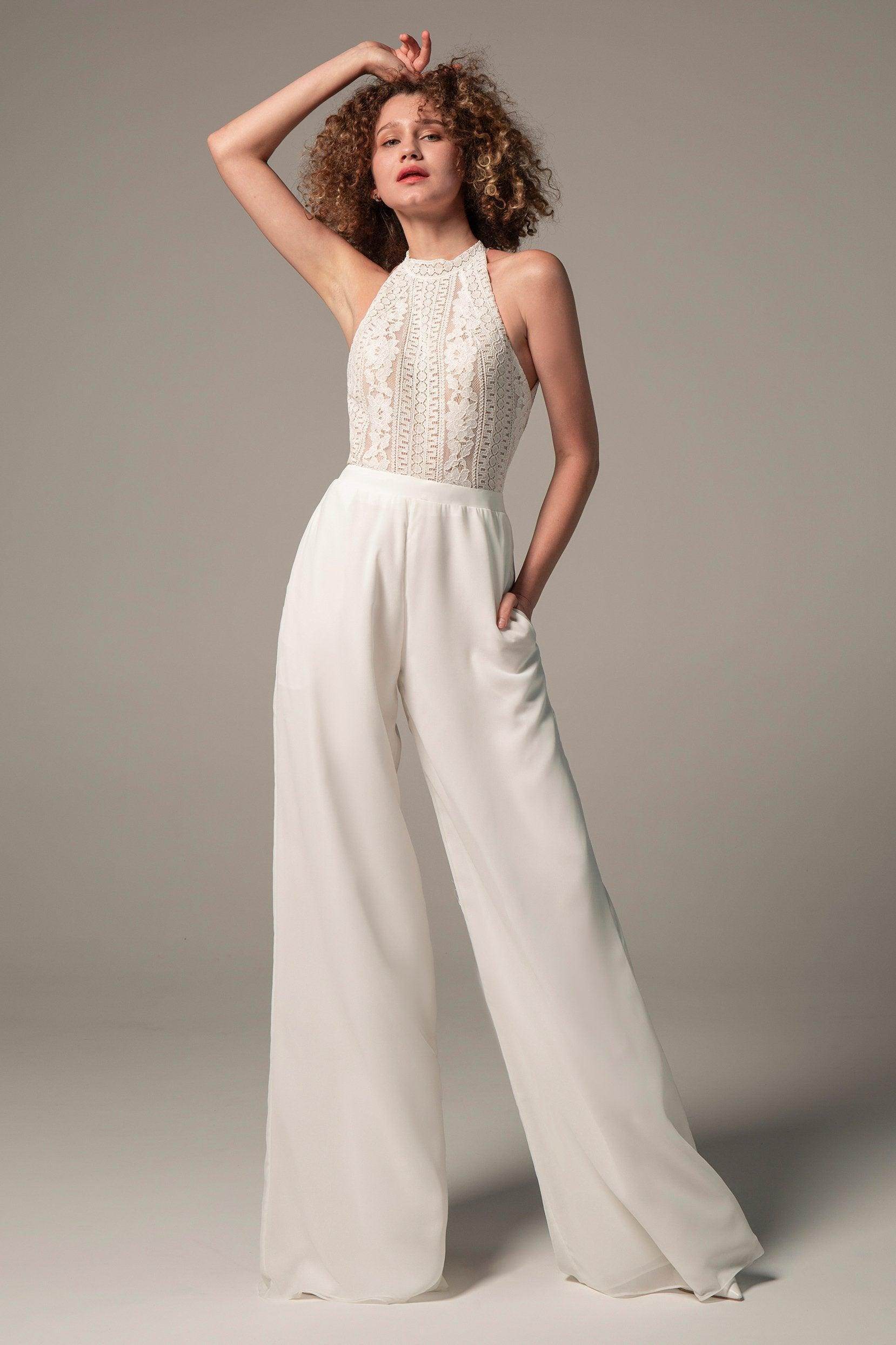 Floor Length Chiffon Lace Wedding Jumpsuit CW2354CR - COCOMELODY