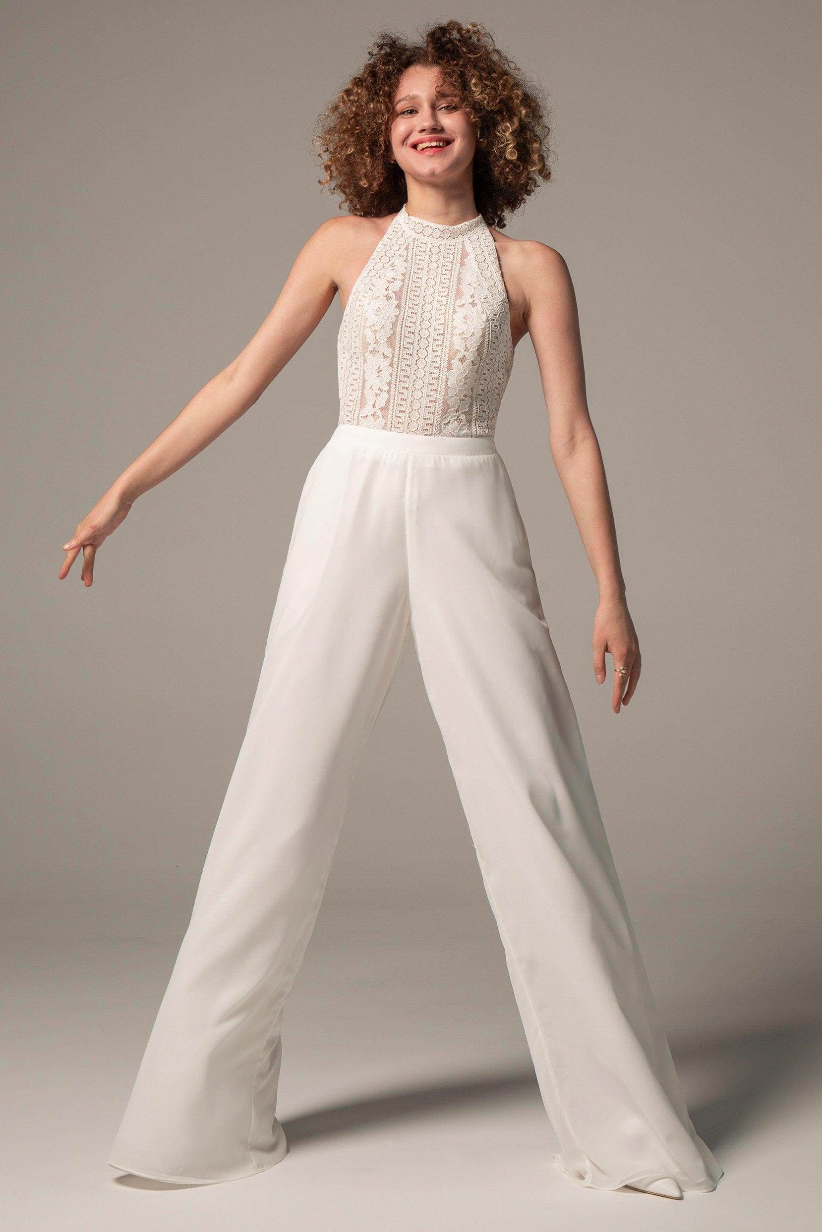 Floor Length Chiffon Lace Wedding Jumpsuit CW2354CR - COCOMELODY