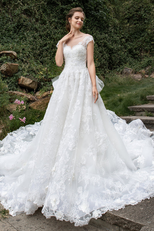 A-Line Cathedral Train Tulle Lace Wedding Dress CW2389