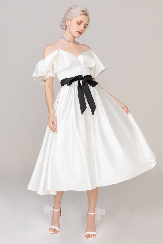 A-Line Tea Length Satin Wedding Dress CW2407