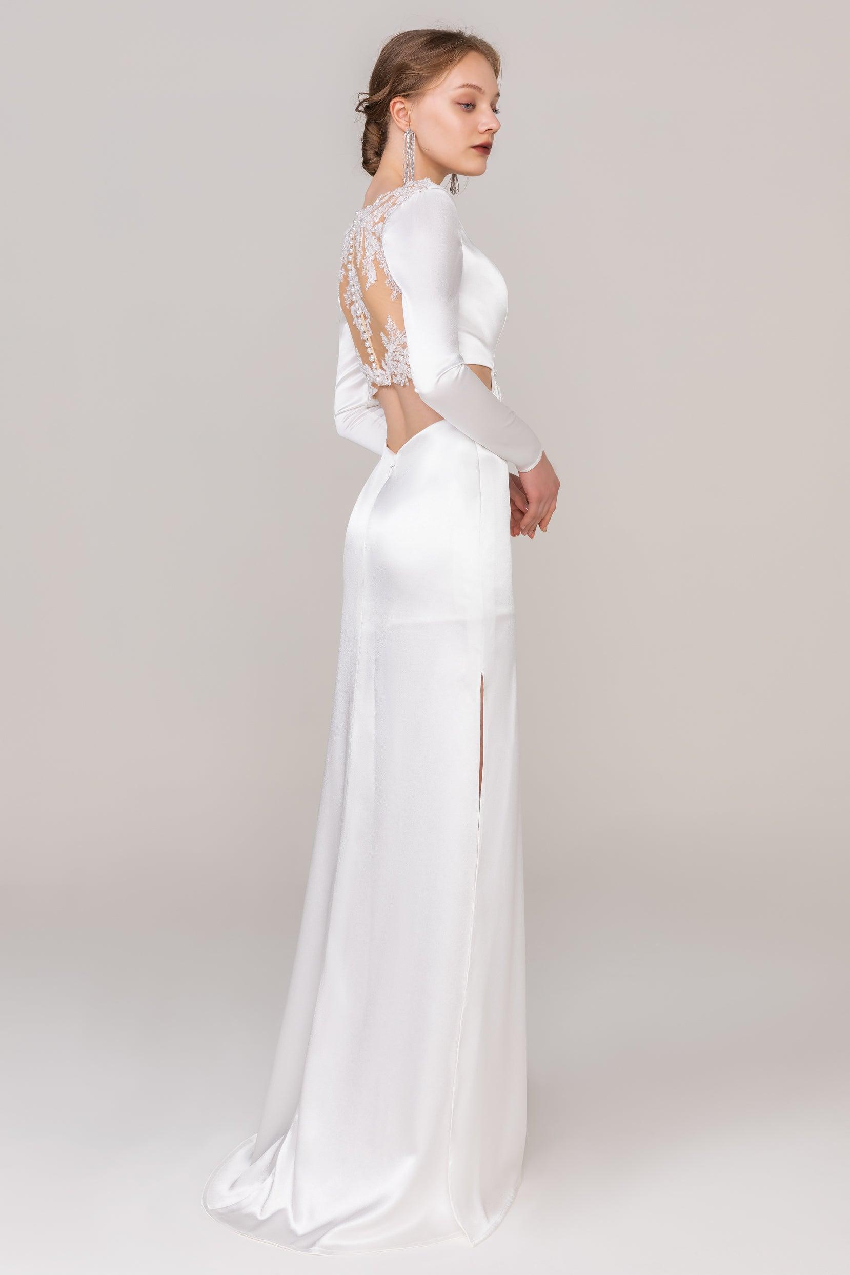Sheath-Column Sweep-Brush Train Satin Wedding Dress CW2411 - COCOMELODY