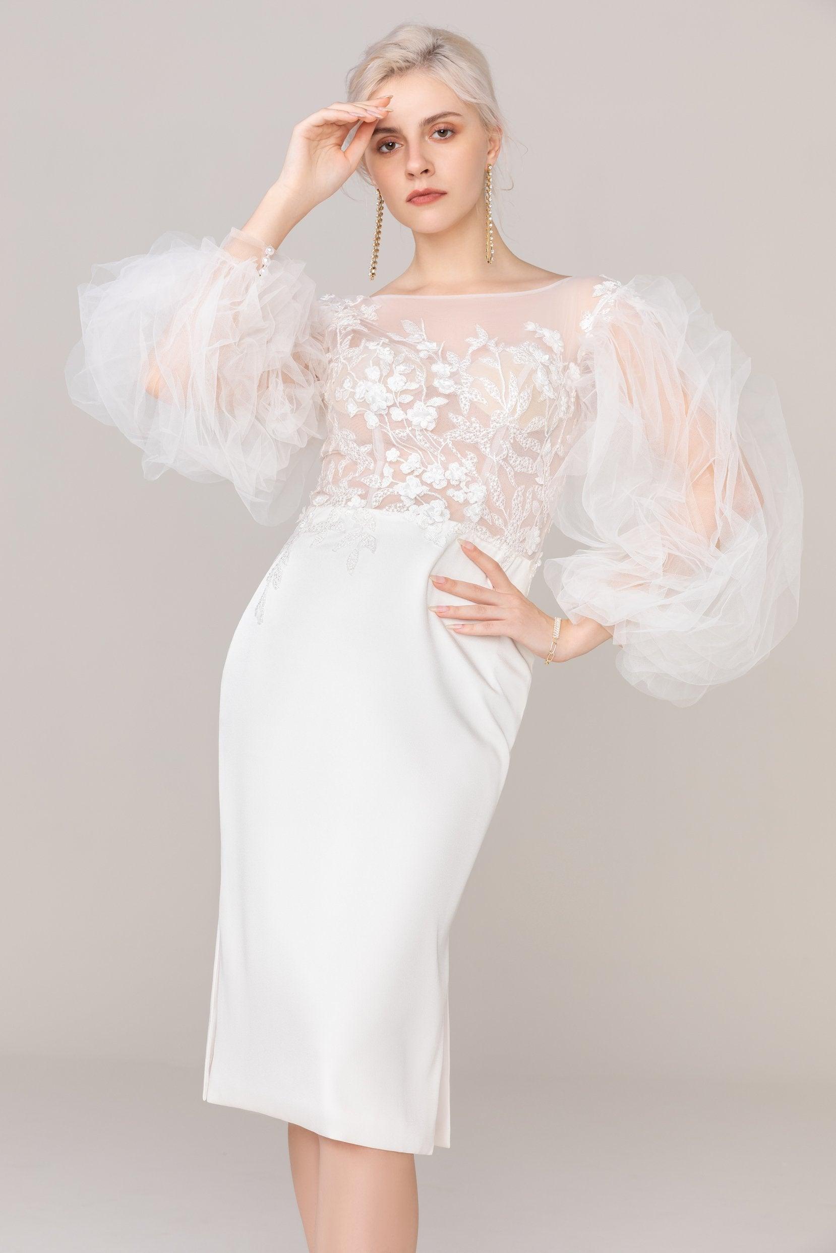 Sheath Knee Length Elastic Cloth Tulle Wedding Dress CW2420 - COCOMELODY