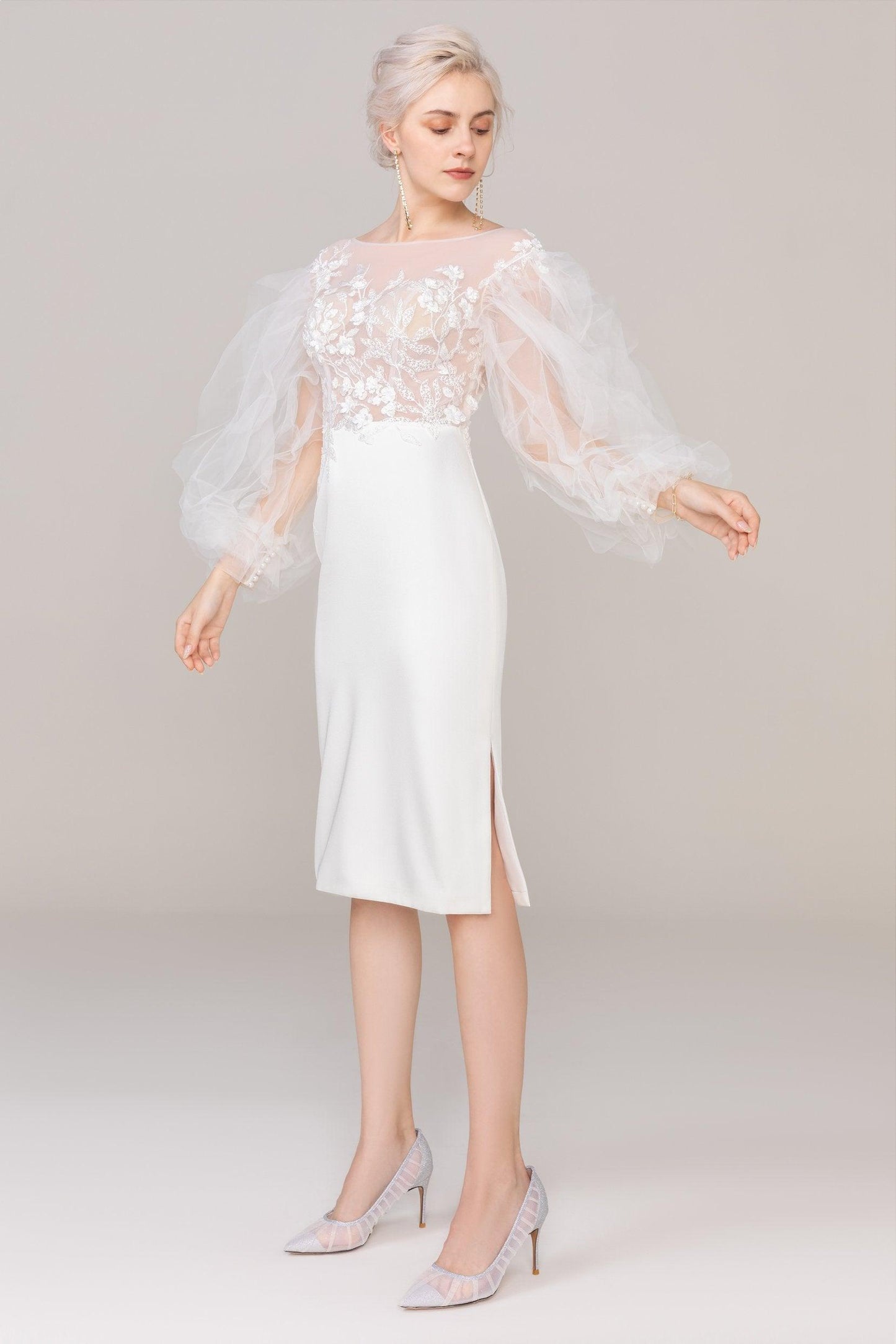 Sheath Knee Length Elastic Cloth Tulle Wedding Dress CW2420 - COCOMELODY