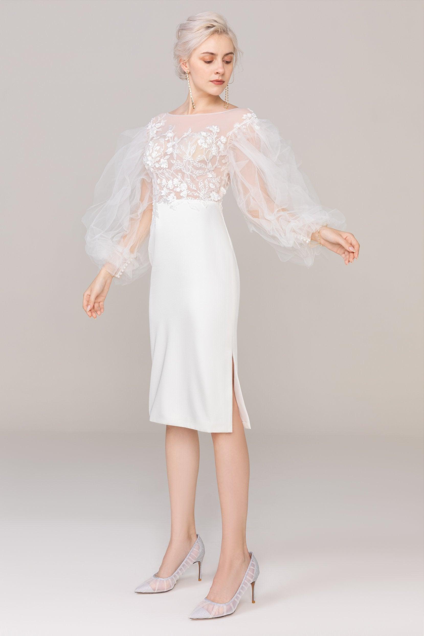 Sheath Knee Length Elastic Cloth Tulle Wedding Dress CW2420 - COCOMELODY