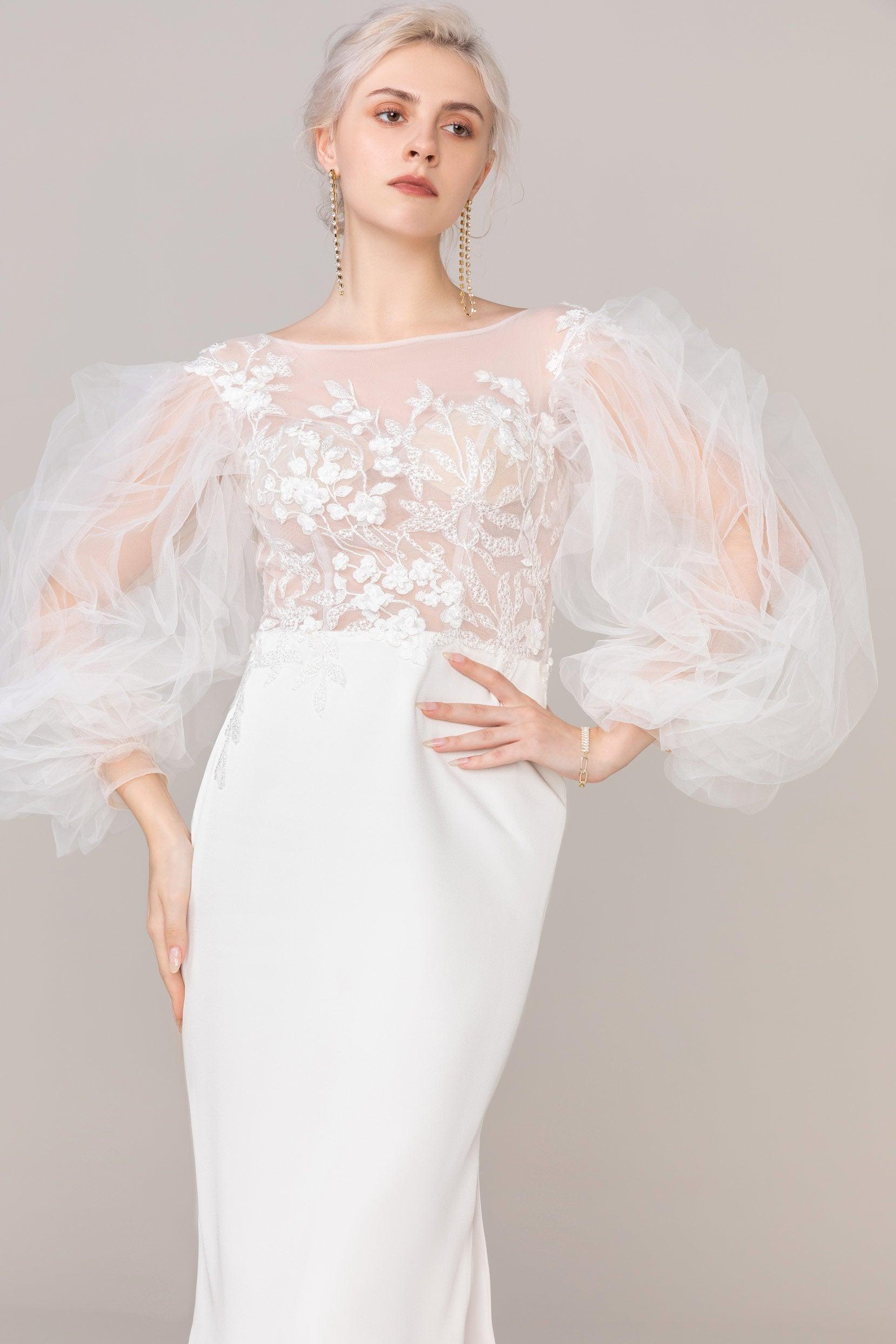 Sheath Knee Length Elastic Cloth Tulle Wedding Dress CW2420 - COCOMELODY