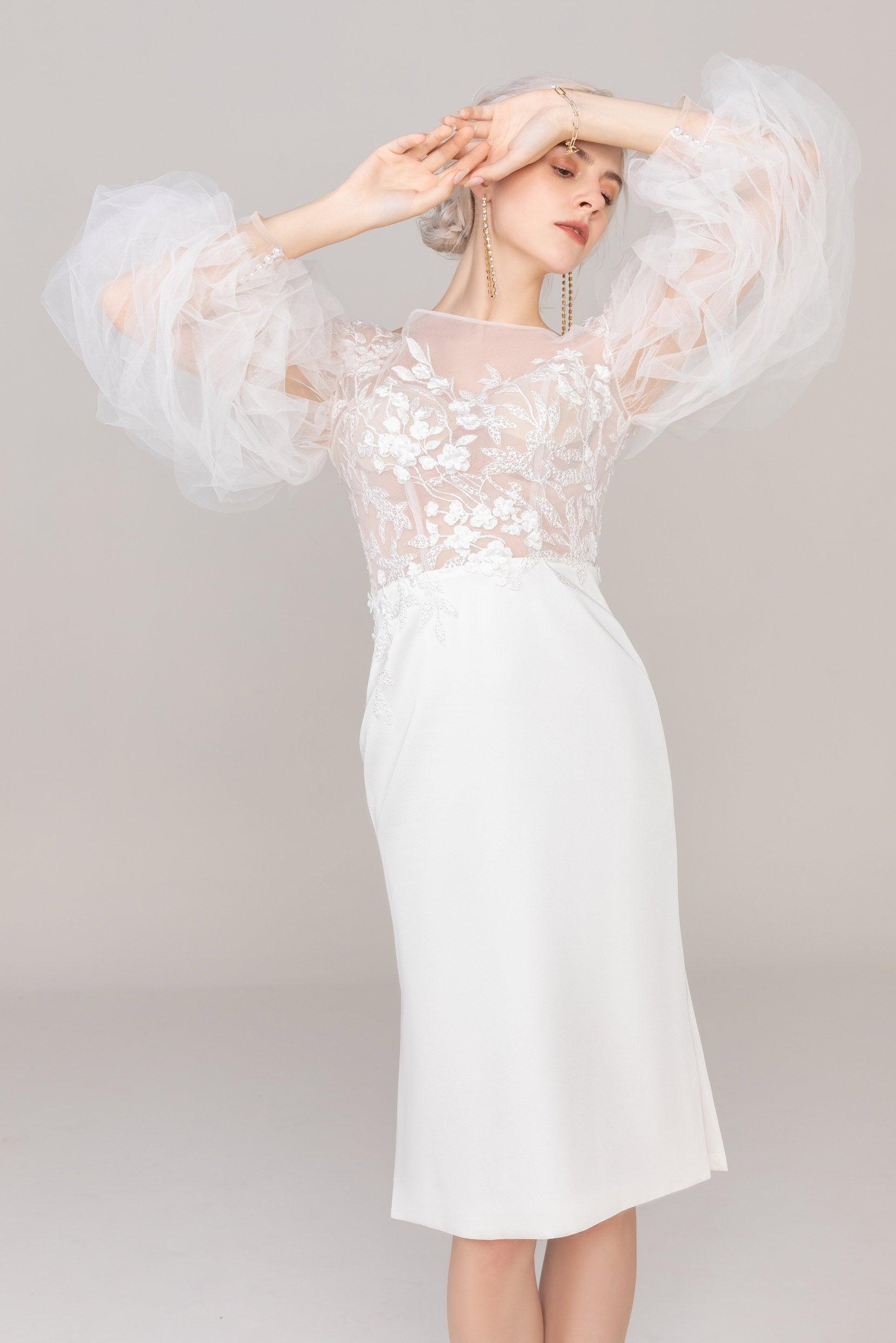 Sheath Knee Length Elastic Cloth Tulle Wedding Dress CW2420 - COCOMELODY
