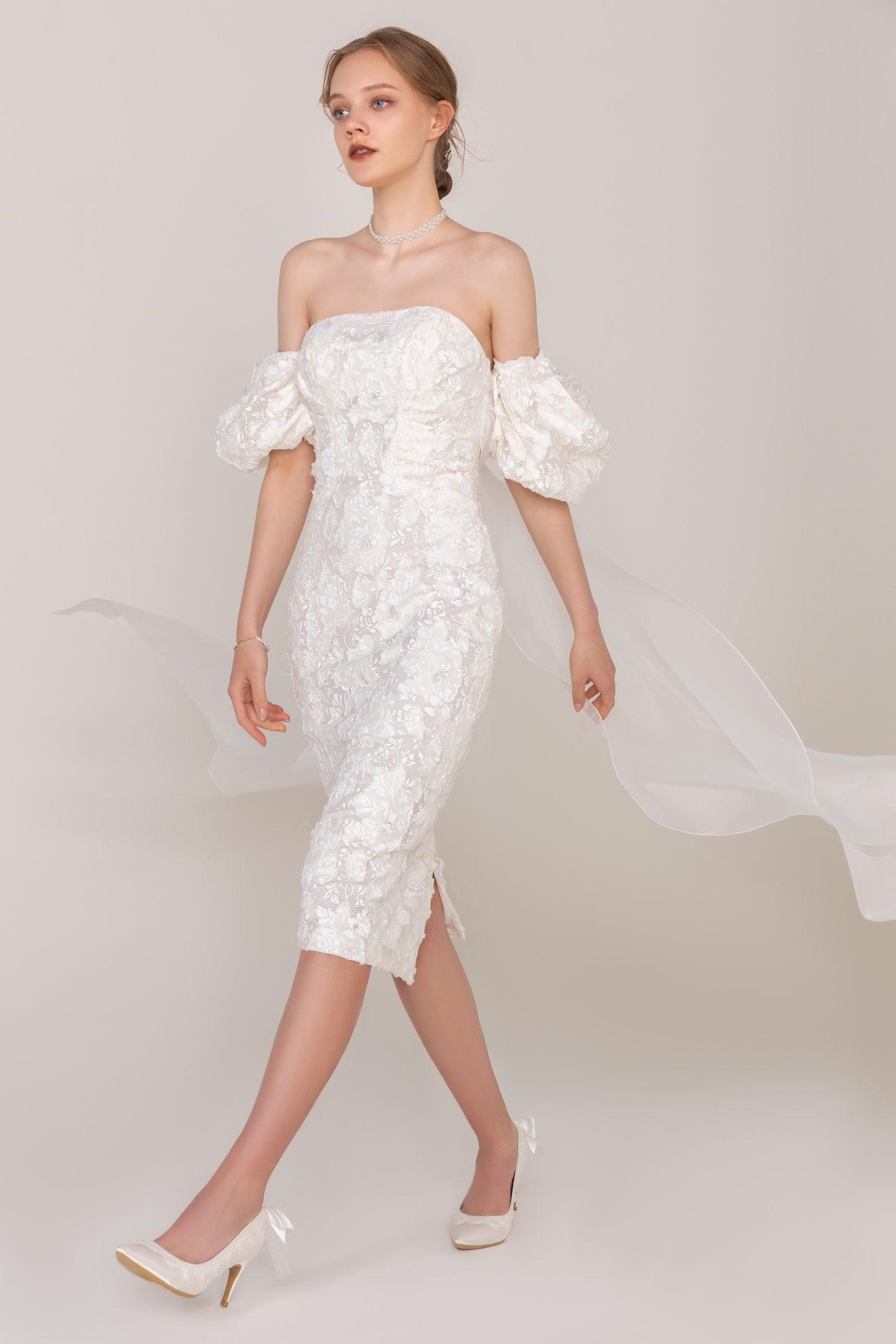 Sheath-Column Tea Length Lace Wedding Dress CW2429 - COCOMELODY