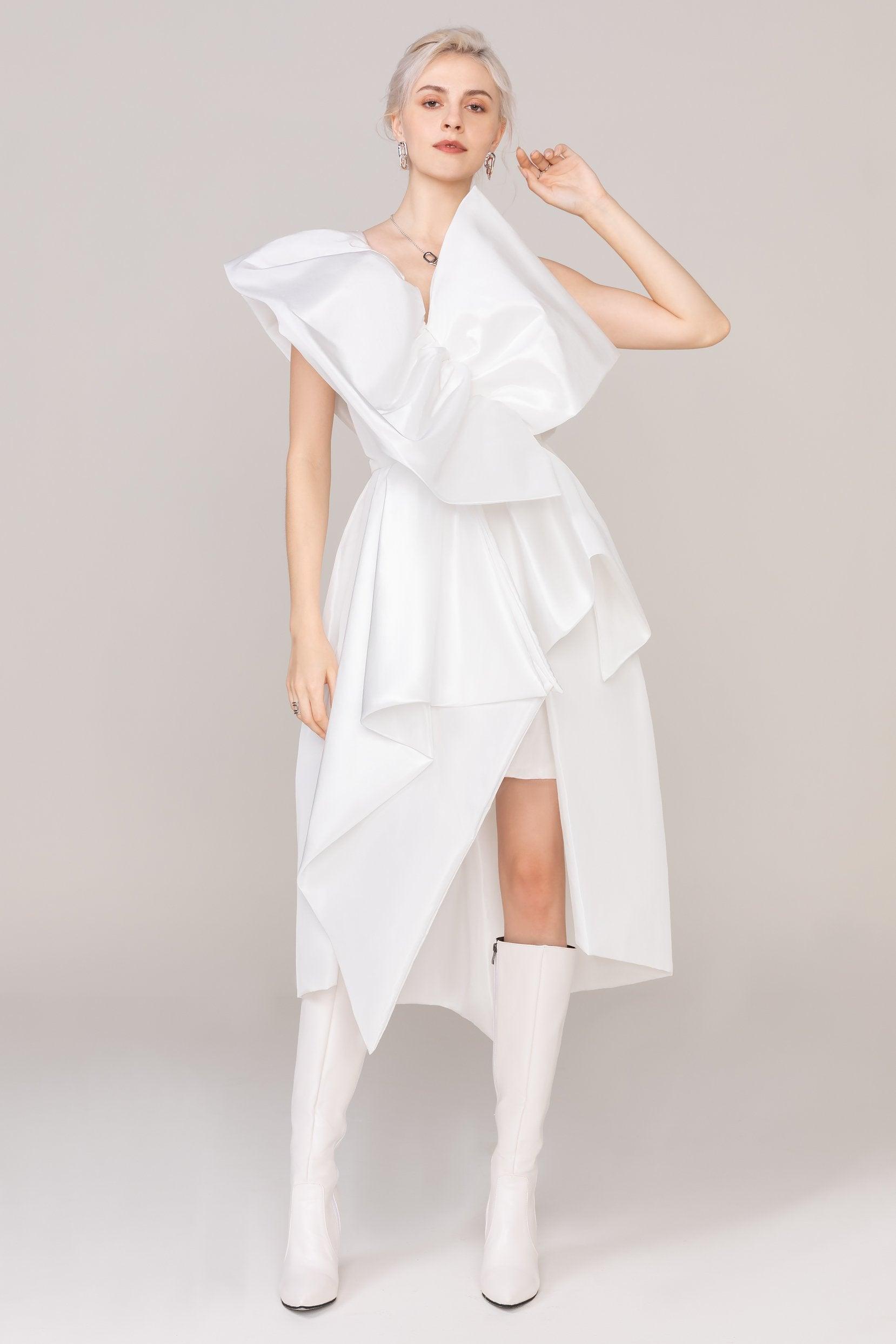 Asymmetrical High-Low Taffeta Wedding Dress CW2433 - COCOMELODY