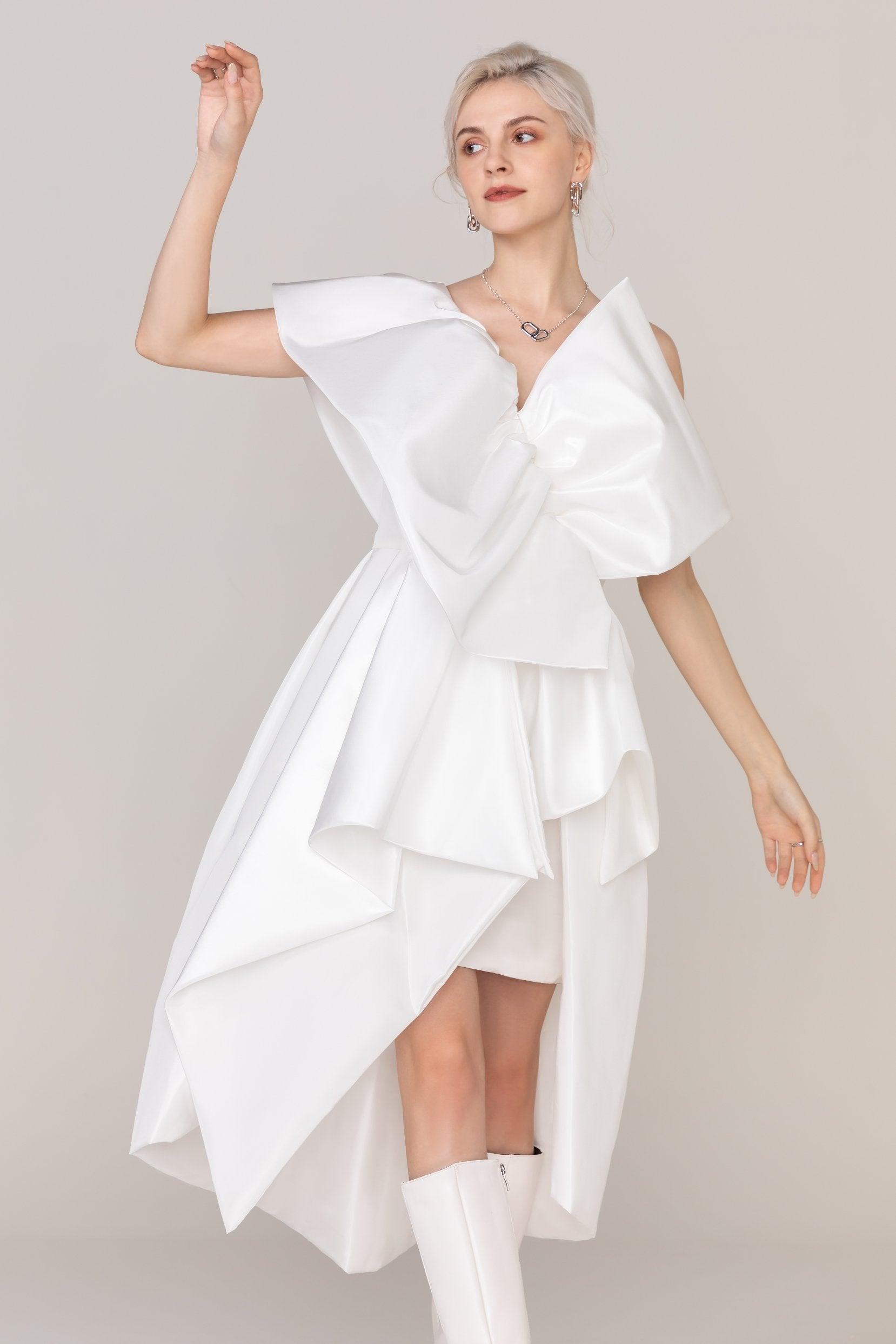 Asymmetrical High-Low Taffeta Wedding Dress CW2433 - COCOMELODY