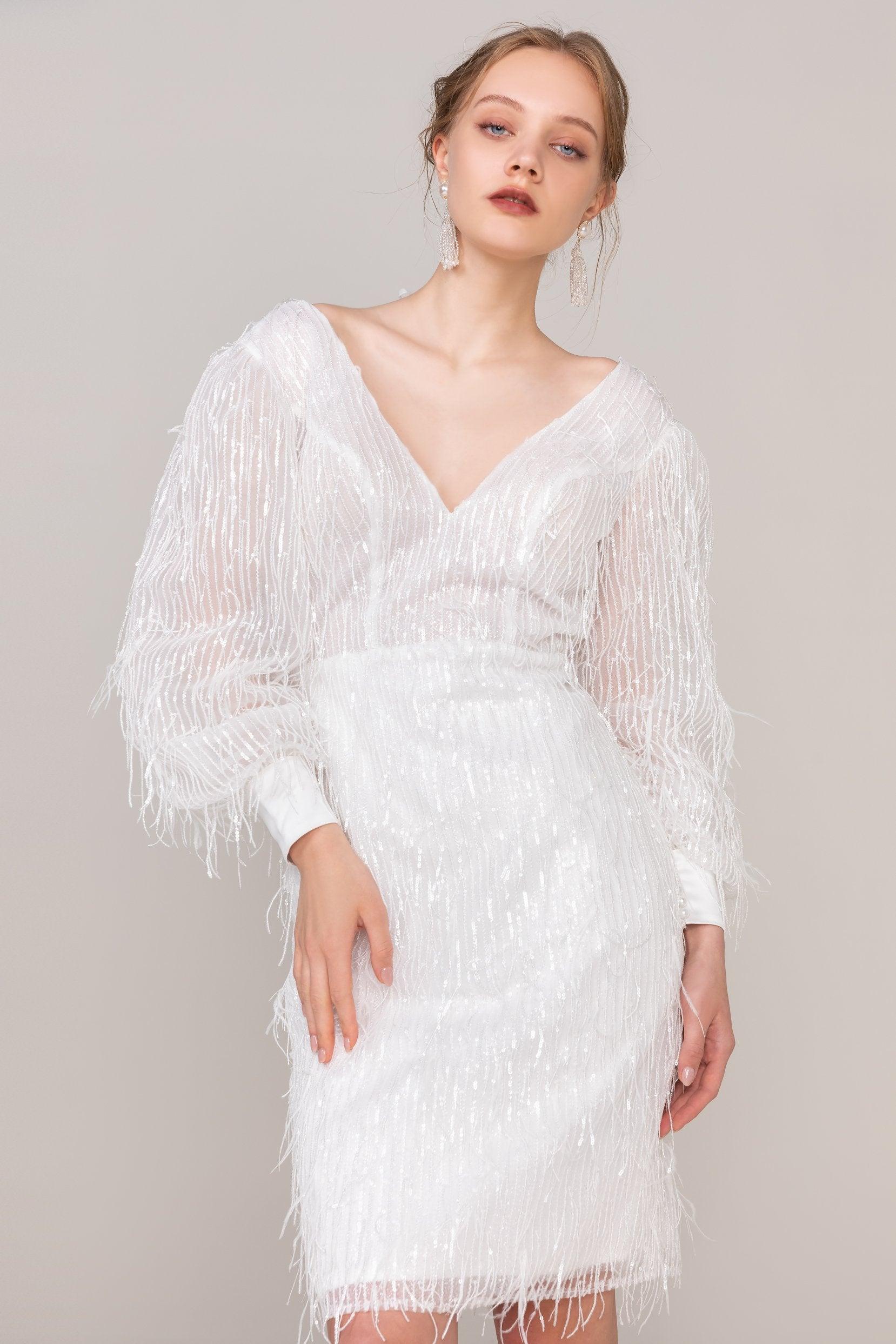 Sheath-Column Short-Mini Sequined Lace Wedding Dress CW2435 - COCOMELODY