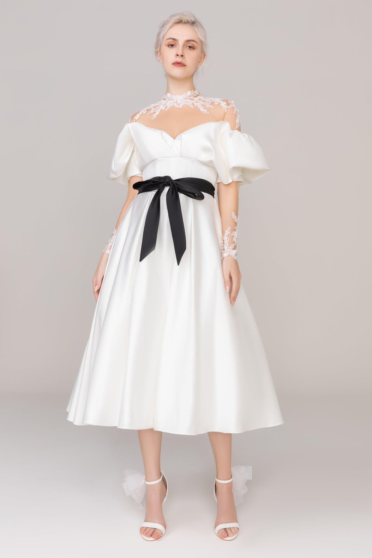 A-Line Tea Length Satin Tulle Wedding Dress CW2459 - COCOMELODY